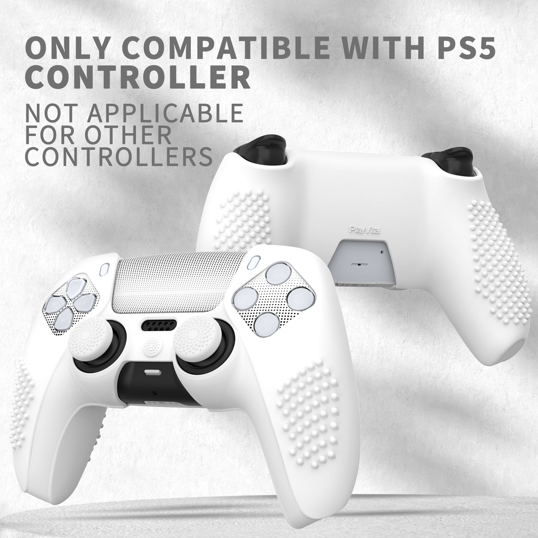 PlayVital 2 Set Upgraded 3D Studded Edition Anti-Slip Silicone Cover Skin with 6 Thumb Grips & 2 Stickers for PS5 Controller, Compatible with Charging Dock - White PlayVital