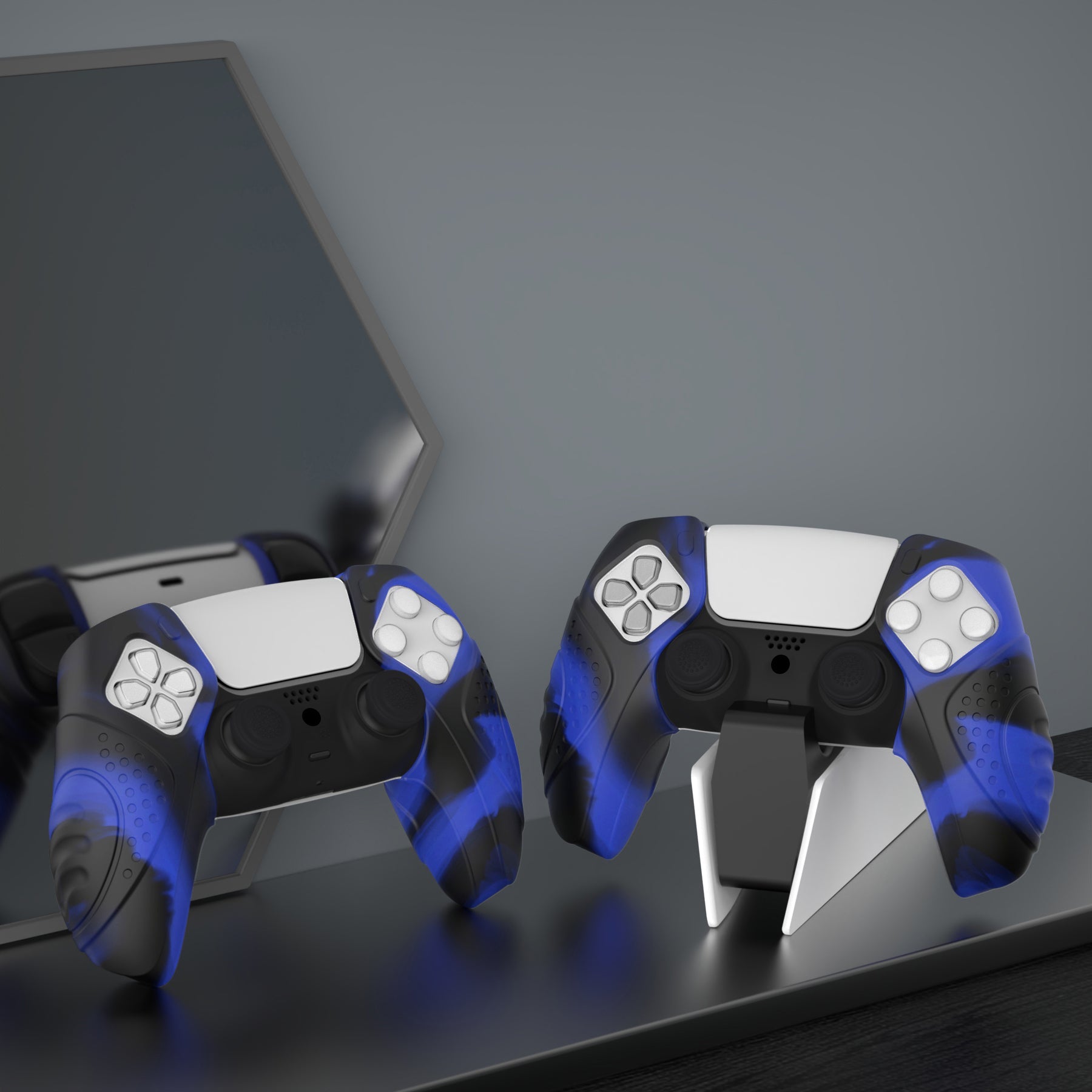 PlayVital Guardian Edition Ergonomic Anti-Slip Silicone Cover Skin with Thumb Grip Caps for PS5 Wireless Controller, Compatible with Charging Station - Blue & Black PlayVital