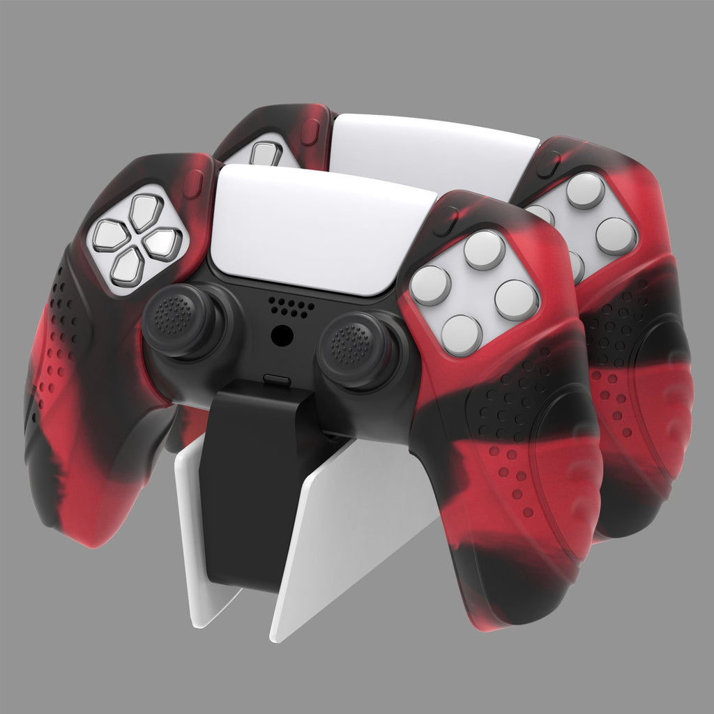 PlayVital Guardian Edition Ergonomic Anti-Slip Silicone Cover Skin with Thumb Grip Caps for PS5 Wireless Controller, Compatible with Charging Station - Red & Black PlayVital