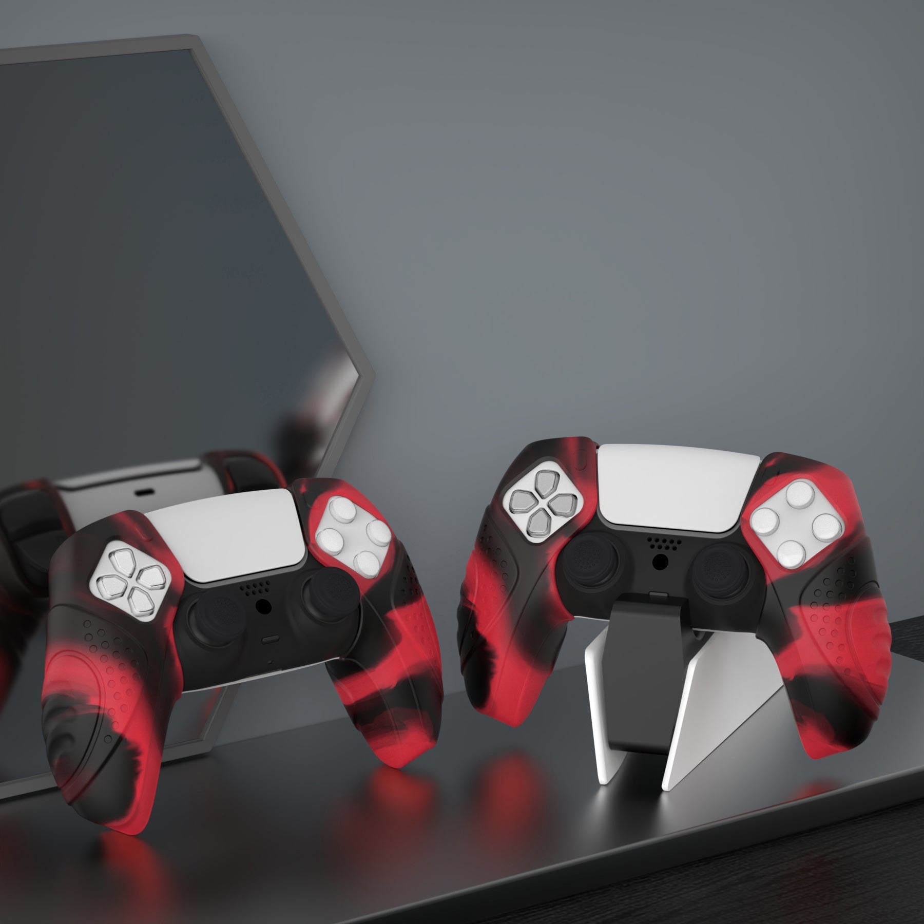 PlayVital Guardian Edition Ergonomic Anti-Slip Silicone Cover Skin with Thumb Grip Caps for PS5 Wireless Controller, Compatible with Charging Station - Red & Black PlayVital