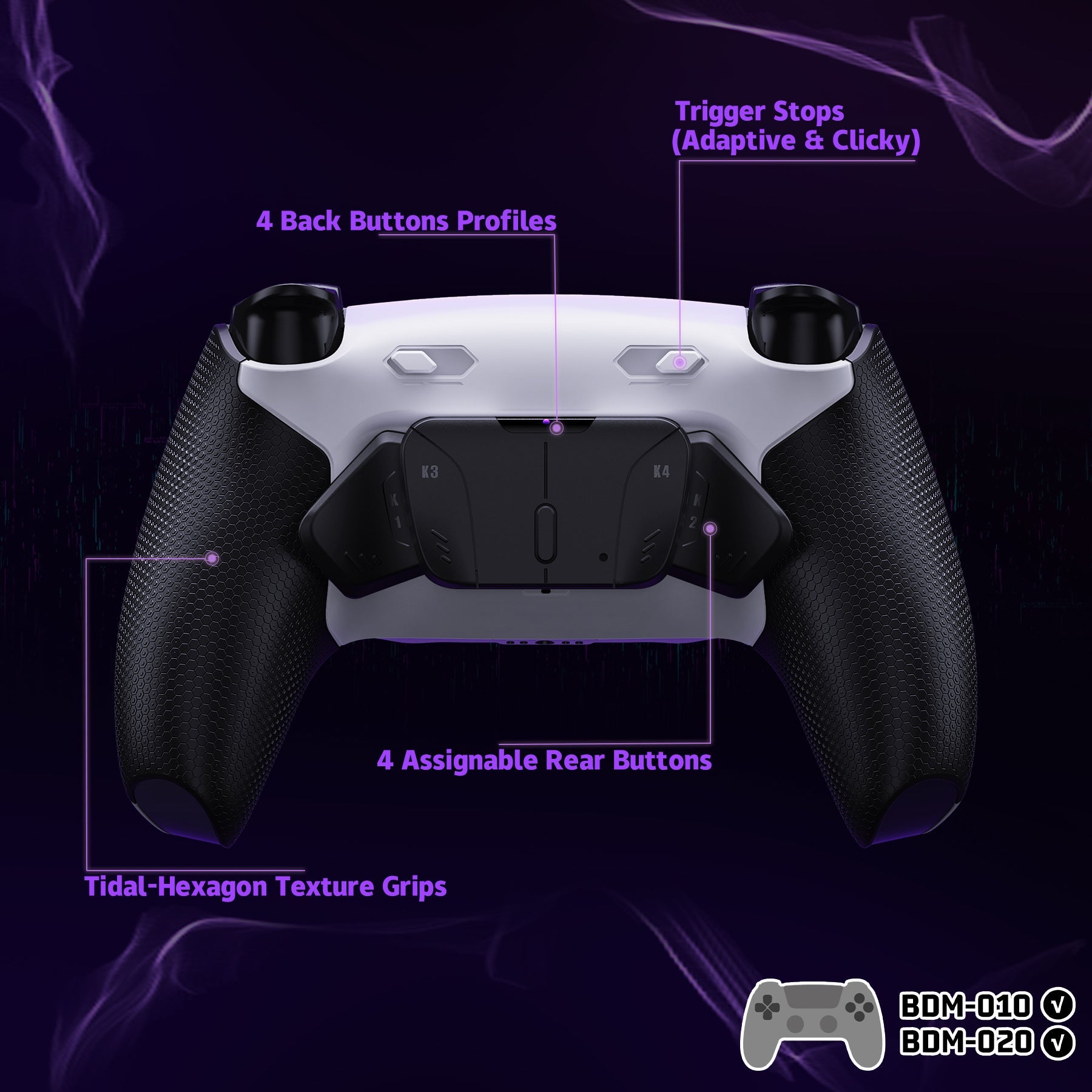 eXtremeRate RISE4 Plus MAX Back Paddles Kit with Clicky Trigger Stops & Rubberized Grip for PS5 Controller BDM-010/020 - White Black - Black eXtremeRate