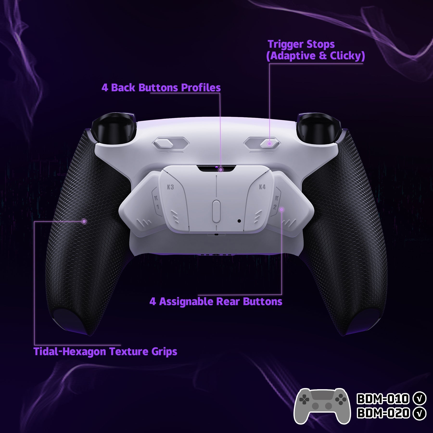 eXtremeRate RISE4 Plus MAX Back Paddles Kit with Clicky Trigger Stops & Rubberized Grip for PS5 Controller BDM-010/020 - White Black - White eXtremeRate