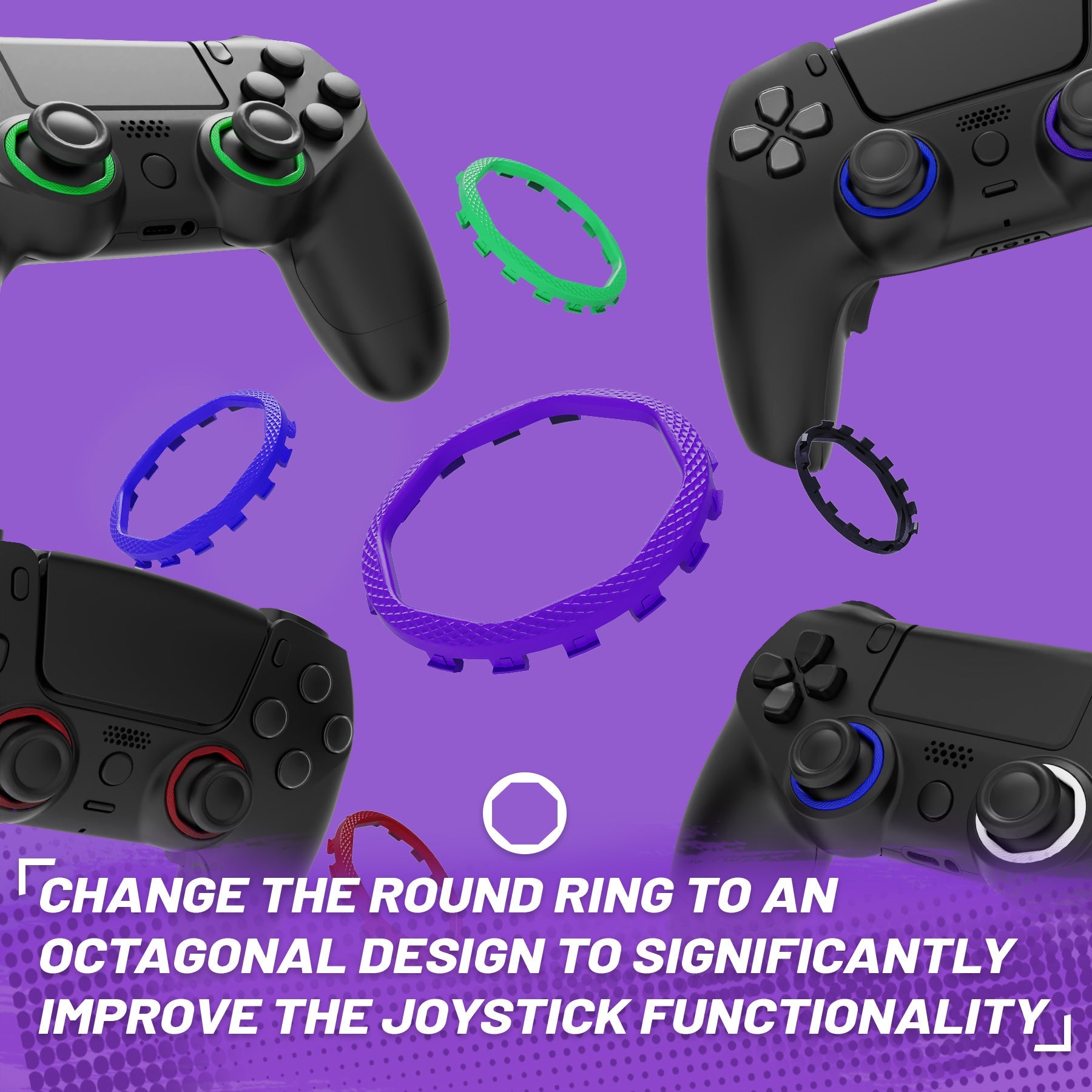 eXtremeRate Redesigned Octagonal Gated Sticks Accent Rings for eXtremeRate Luna Shell for PS5 Controller, Replacement Accessory for eXtremeRate Ghost Shell for PS4 Controller - Not for Standard Faceplate - Purple eXtremeRate