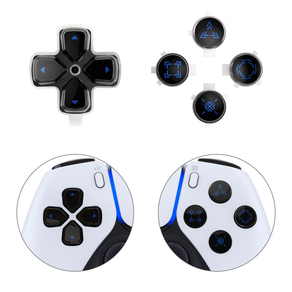 eXtremeRate Replacement Custom Three-Tone Dpad Action Buttons with Redesigned Symbols for PS5 Controller - Black & Clear & Blue eXtremeRate