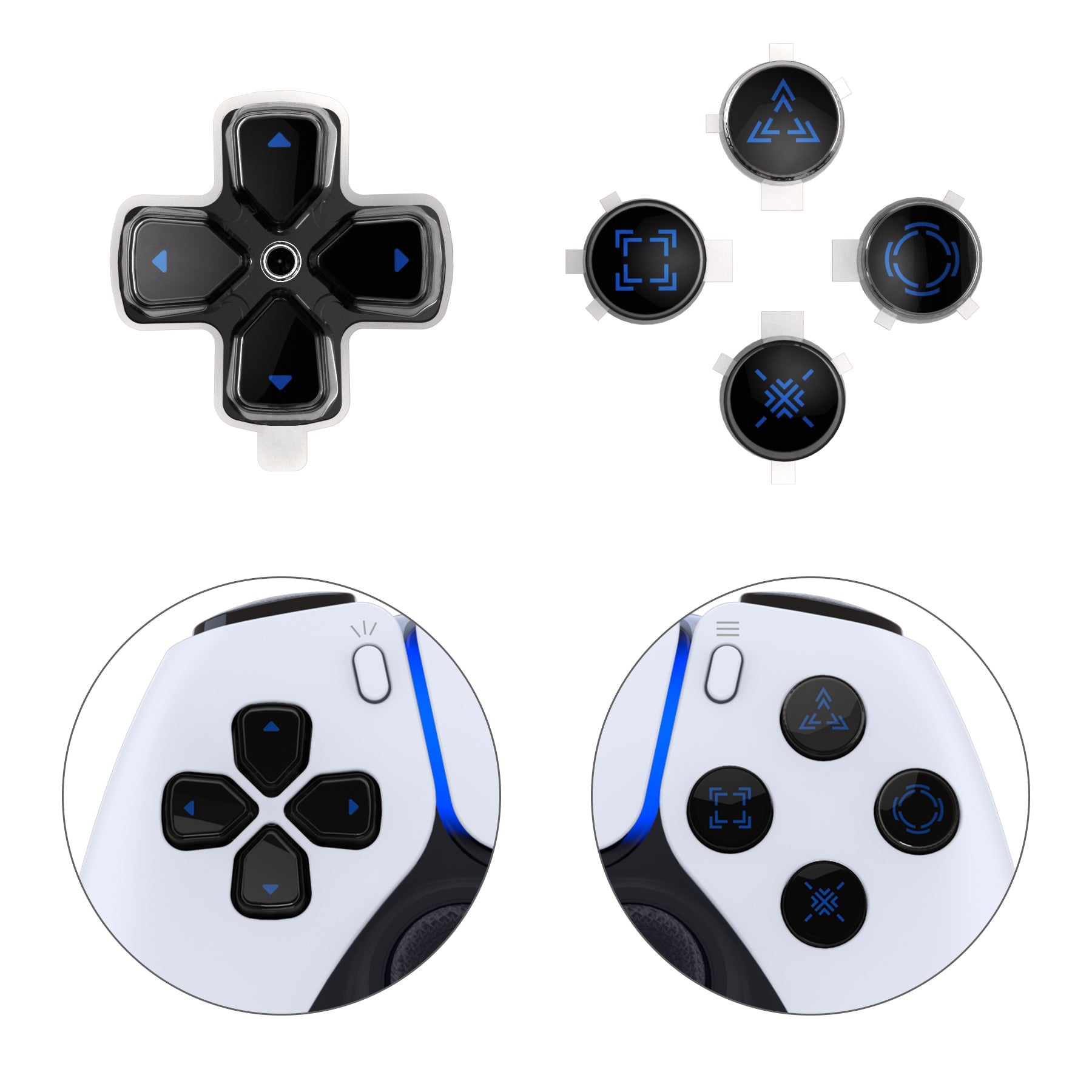eXtremeRate Replacement Custom Three-Tone Dpad Action Buttons with Redesigned Symbols for PS5 Controller - Black & Clear & Blue eXtremeRate