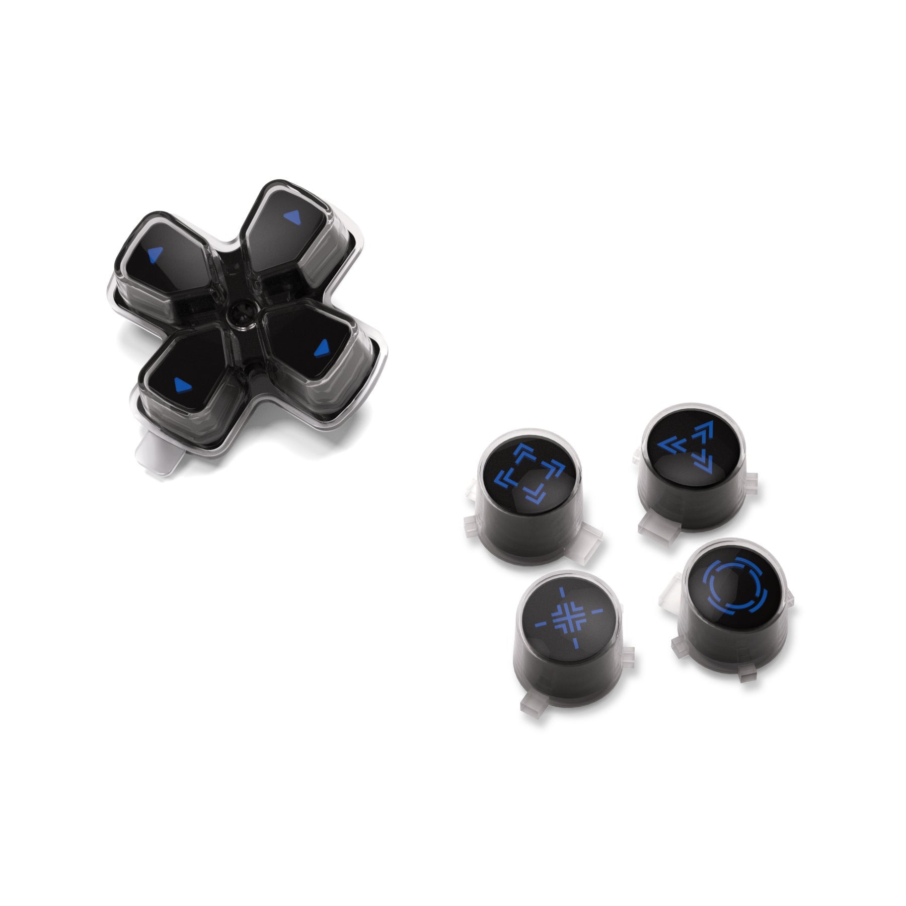 eXtremeRate Replacement Custom Three-Tone Dpad Action Buttons with Redesigned Symbols for PS5 Controller - Black & Clear & Blue eXtremeRate