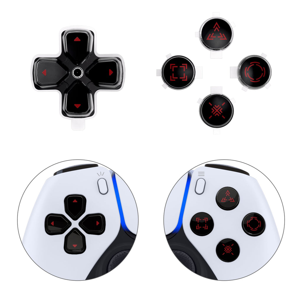 eXtremeRate Replacement Custom Three-Tone Dpad Action Buttons with Redesigned Symbols for PS5 Controller - Black & Clear & Carmine Red eXtremeRate
