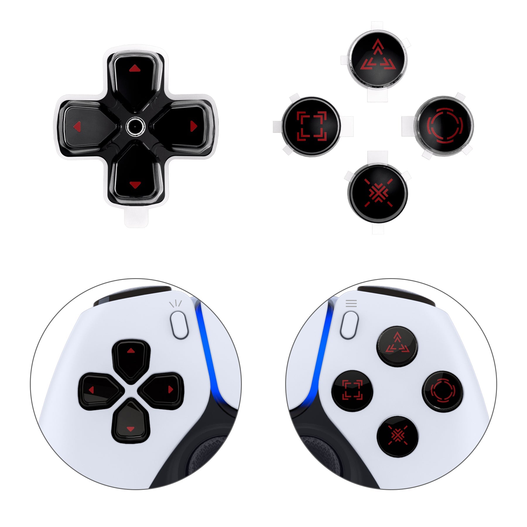 eXtremeRate Replacement Custom Three-Tone Dpad Action Buttons with Redesigned Symbols for PS5 Controller - Black & Clear & Carmine Red eXtremeRate