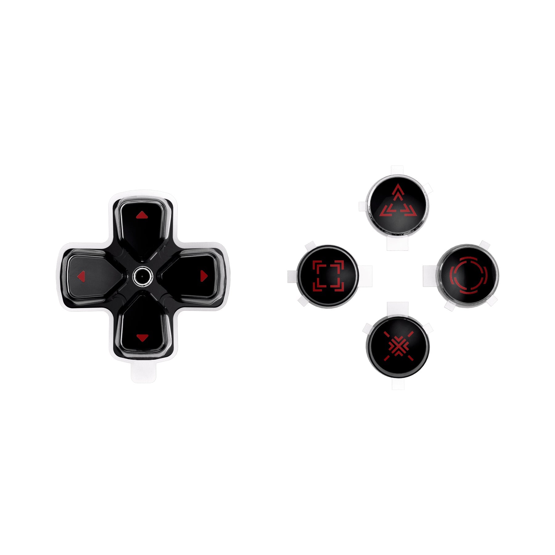 eXtremeRate Replacement Custom Three-Tone Dpad Action Buttons with Redesigned Symbols for PS5 Controller - Black & Clear & Carmine Red eXtremeRate