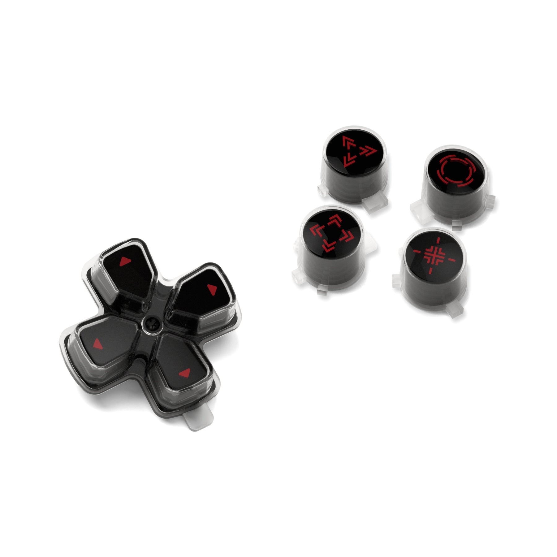 eXtremeRate Replacement Custom Three-Tone Dpad Action Buttons with Redesigned Symbols for PS5 Controller - Black & Clear & Carmine Red eXtremeRate