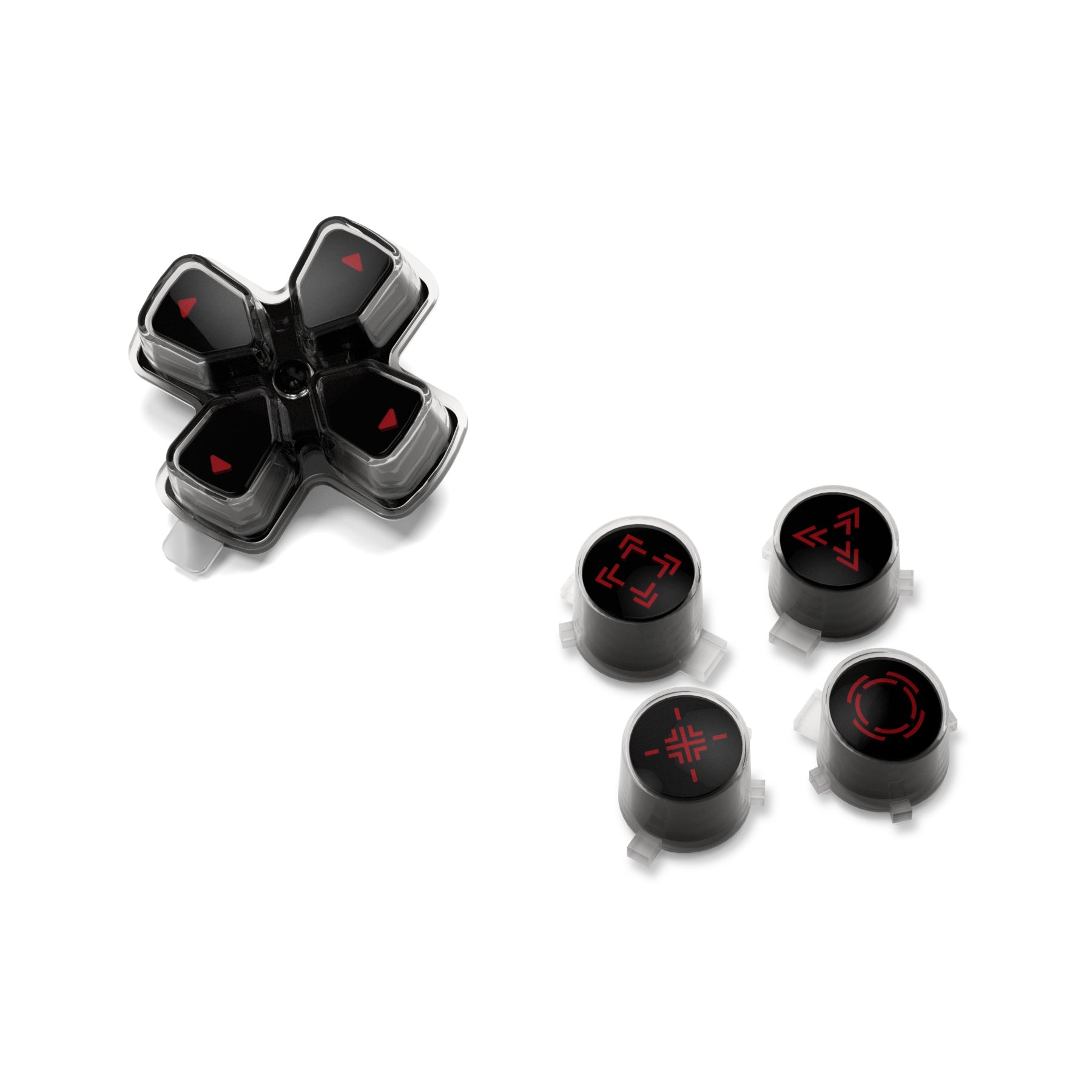 eXtremeRate Replacement Custom Three-Tone Dpad Action Buttons with Redesigned Symbols for PS5 Controller - Black & Clear & Carmine Red eXtremeRate