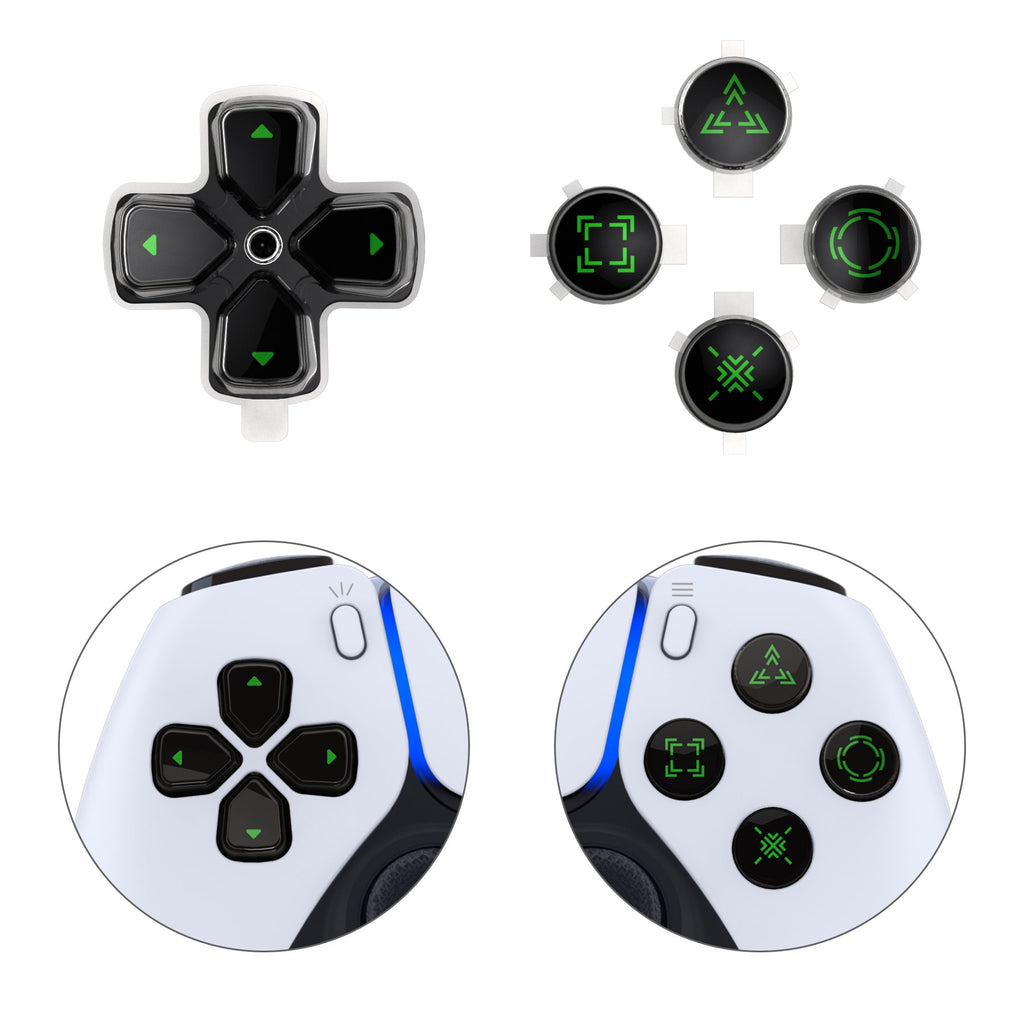 eXtremeRate Replacement Custom Three-Tone Dpad Action Buttons with Redesigned Symbols for PS5 Controller - Black & Clear & Green eXtremeRate