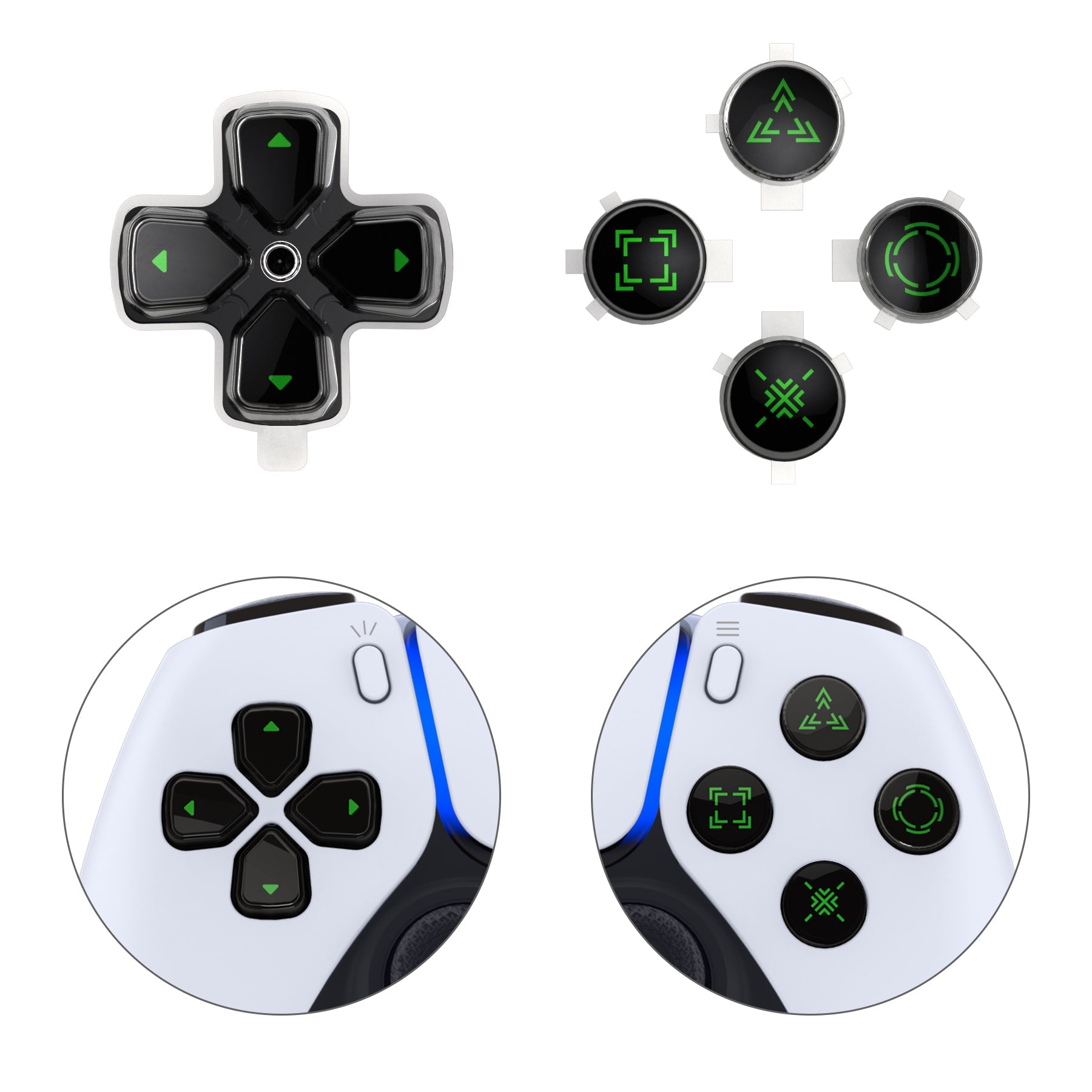 eXtremeRate Replacement Custom Three-Tone Dpad Action Buttons with Redesigned Symbols for PS5 Controller - Black & Clear & Green eXtremeRate
