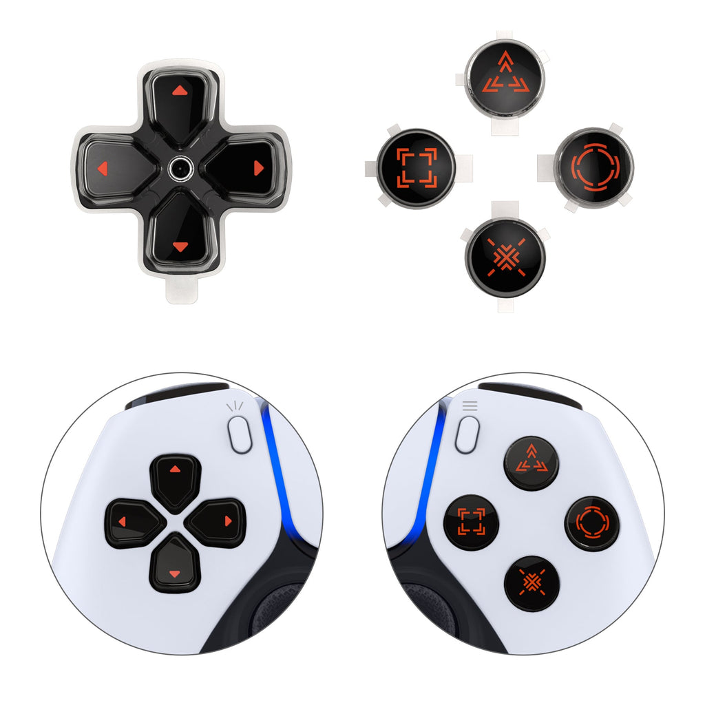 eXtremeRate Replacement Custom Three-Tone Dpad Action Buttons with Redesigned Symbols for PS5 Controller - Black & Clear & Orange eXtremeRate