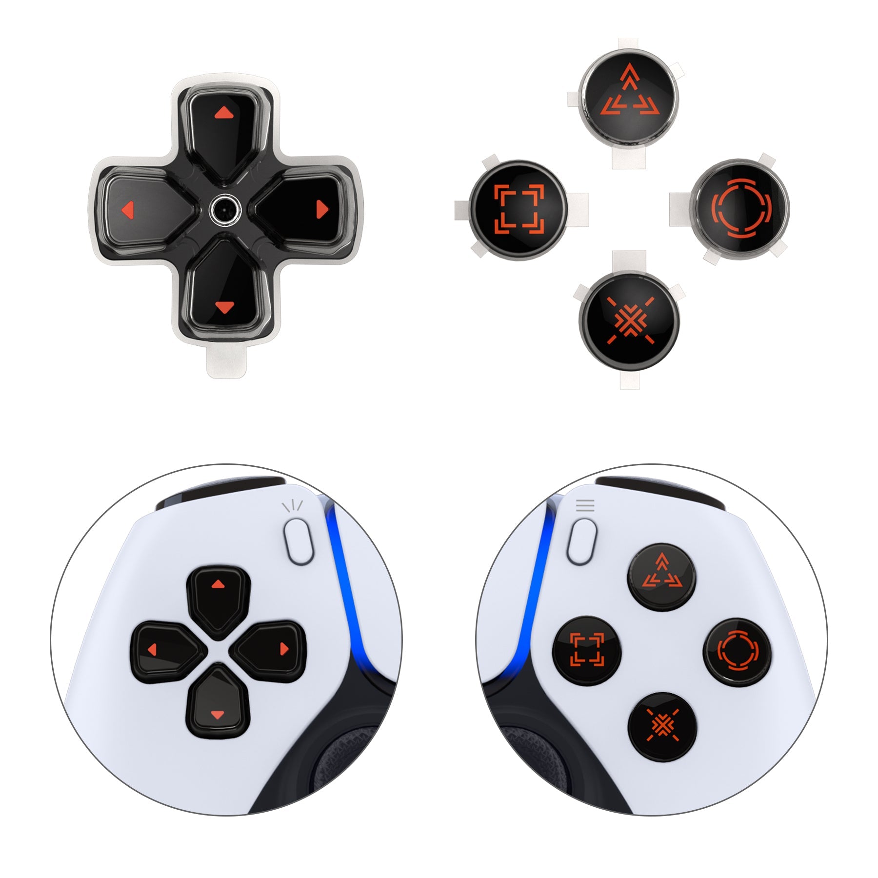 eXtremeRate Replacement Custom Three-Tone Dpad Action Buttons with Redesigned Symbols for PS5 Controller - Black & Clear & Orange eXtremeRate