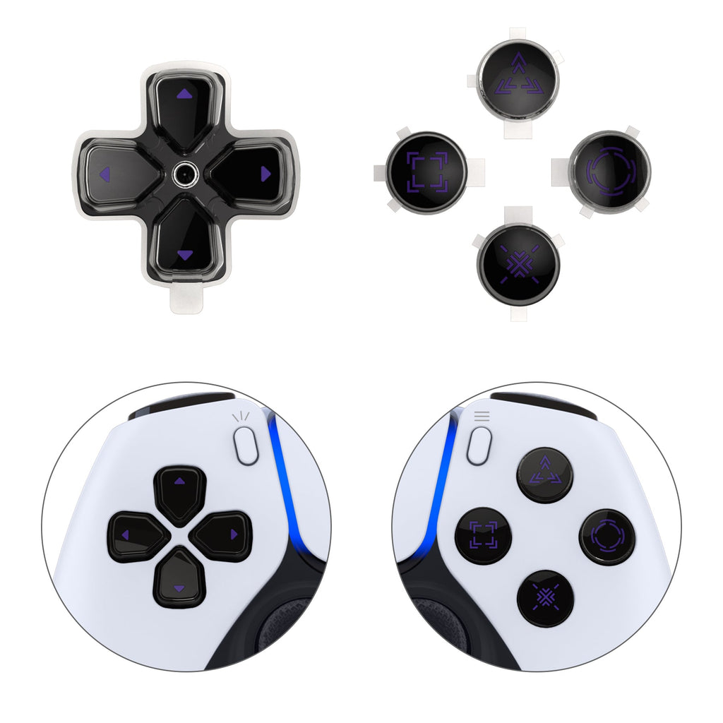 eXtremeRate Replacement Custom Three-Tone Dpad Action Buttons with Redesigned Symbols for PS5 Controller - Black & Clear & Purple eXtremeRate