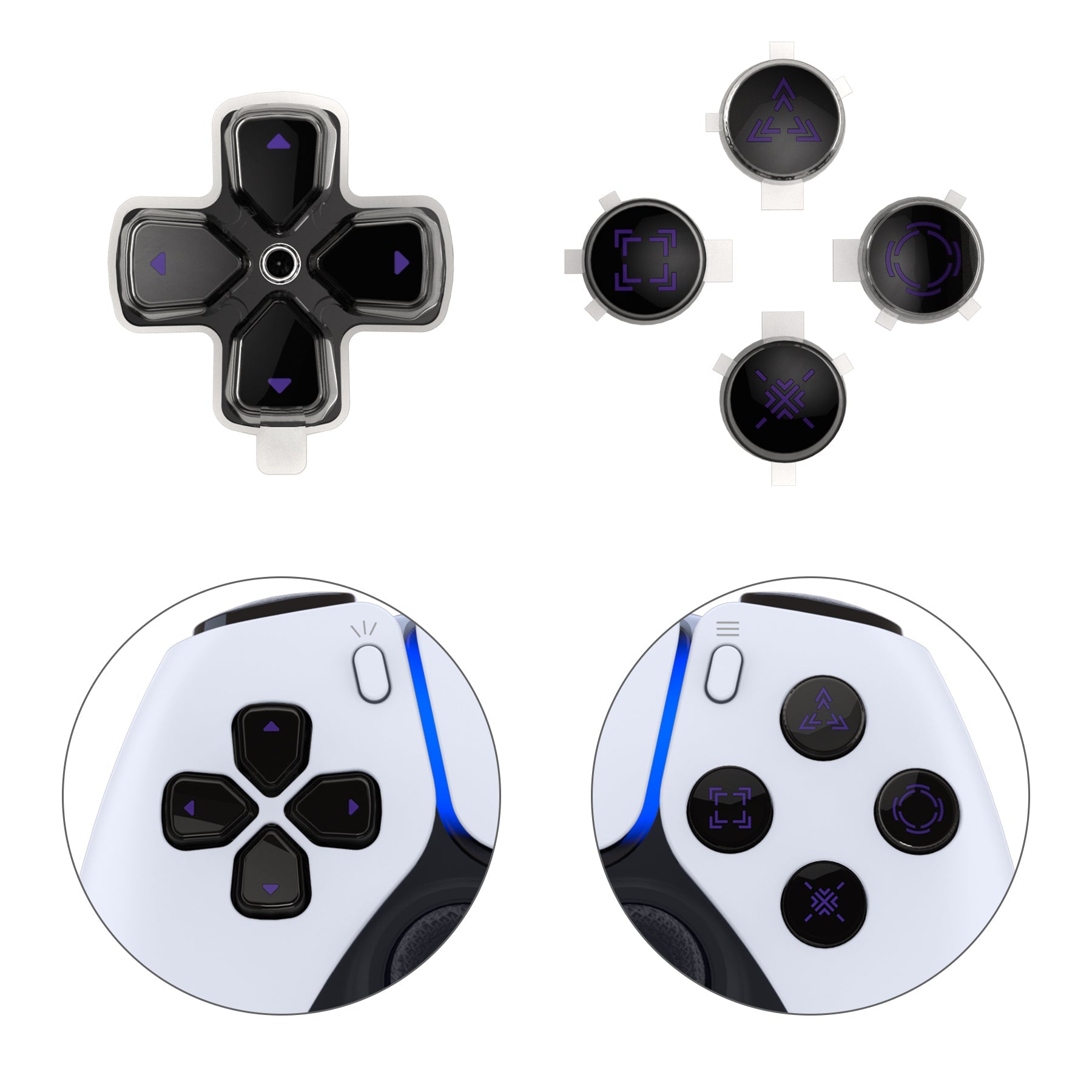 eXtremeRate Replacement Custom Three-Tone Dpad Action Buttons with Redesigned Symbols for PS5 Controller - Black & Clear & Purple eXtremeRate