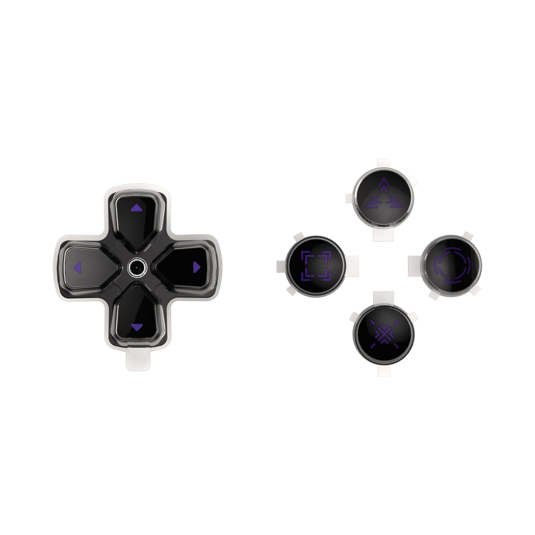 eXtremeRate Replacement Custom Three-Tone Dpad Action Buttons with Redesigned Symbols for PS5 Controller - Black & Clear & Purple eXtremeRate