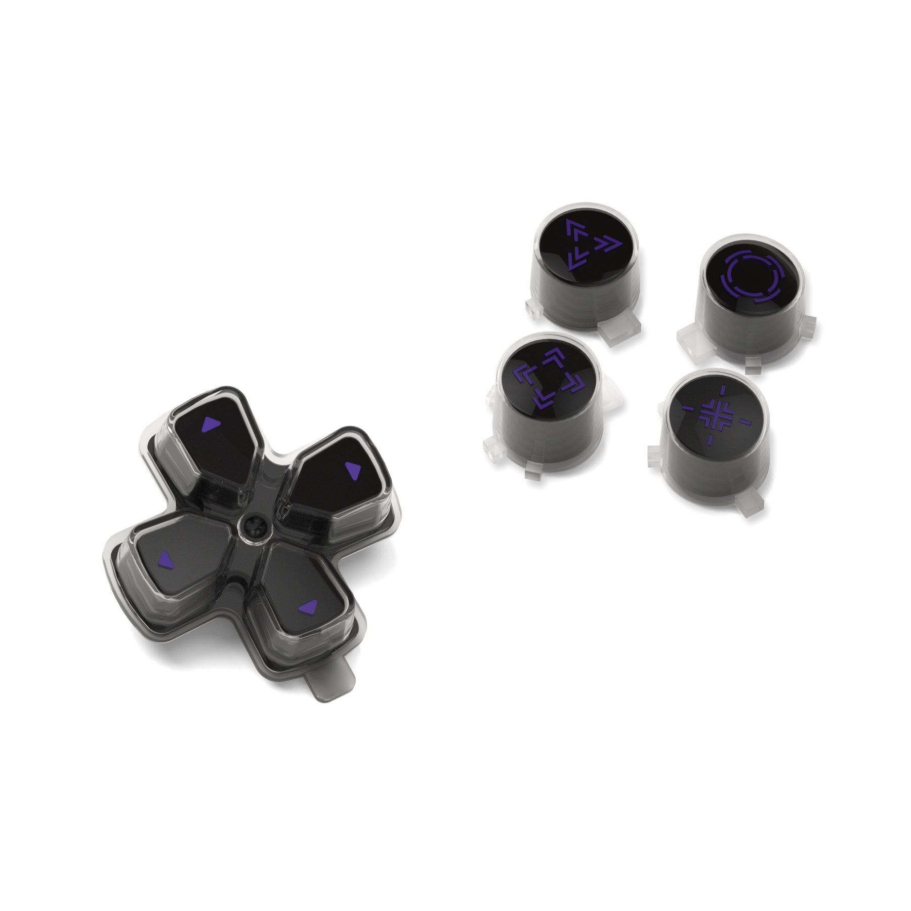 eXtremeRate Replacement Custom Three-Tone Dpad Action Buttons with Redesigned Symbols for PS5 Controller - Black & Clear & Purple eXtremeRate