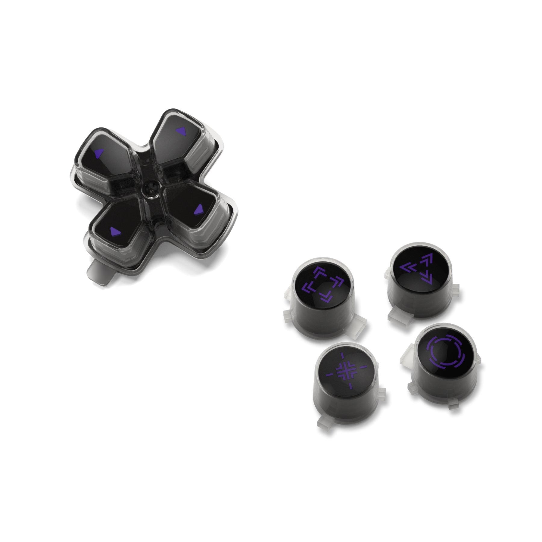 eXtremeRate Replacement Custom Three-Tone Dpad Action Buttons with Redesigned Symbols for PS5 Controller - Black & Clear & Purple eXtremeRate