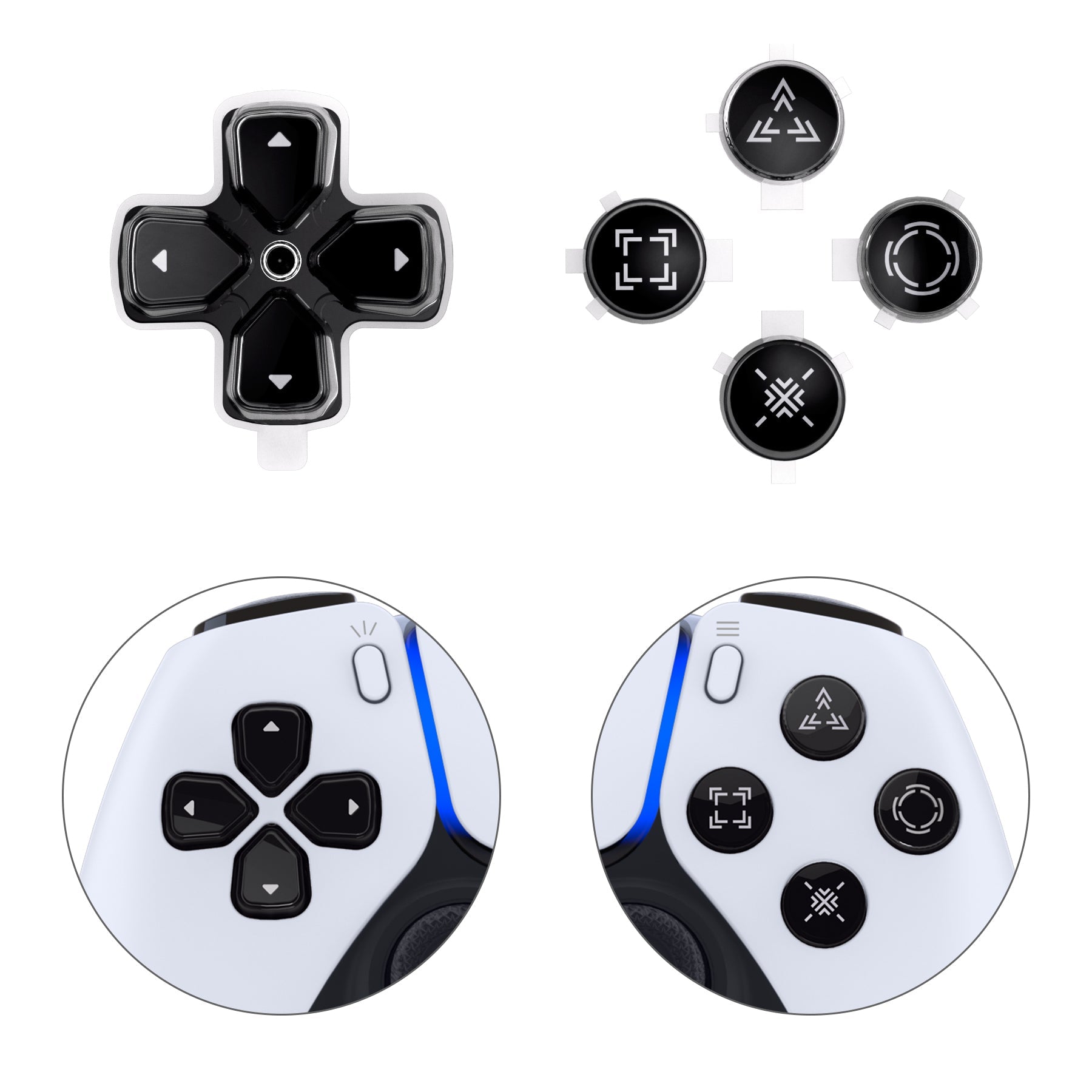 eXtremeRate Replacement Custom Three-Tone Dpad Action Buttons with Redesigned Symbols for PS5 Controller - Black & Clear & White eXtremeRate