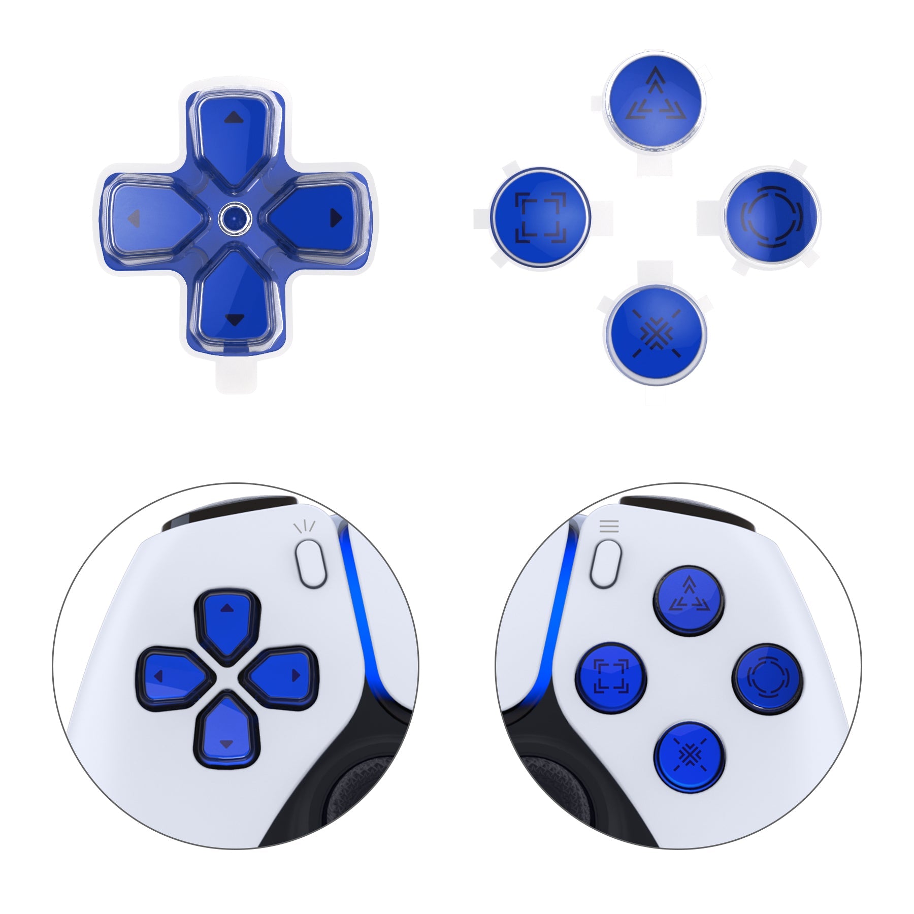 eXtremeRate Replacement Custom Three-Tone Dpad Action Buttons with Redesigned Symbols for PS5 Controller - Blue & Clear & Black eXtremeRate