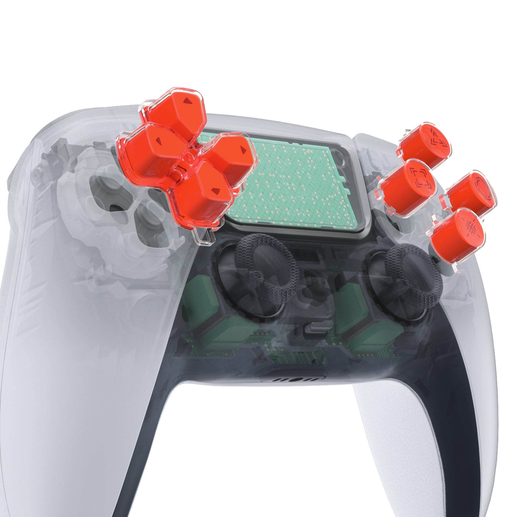 eXtremeRate Replacement Custom Three-Tone Dpad Action Buttons with Redesigned Symbols for PS5 Controller - Orange & Clear & Red eXtremeRate