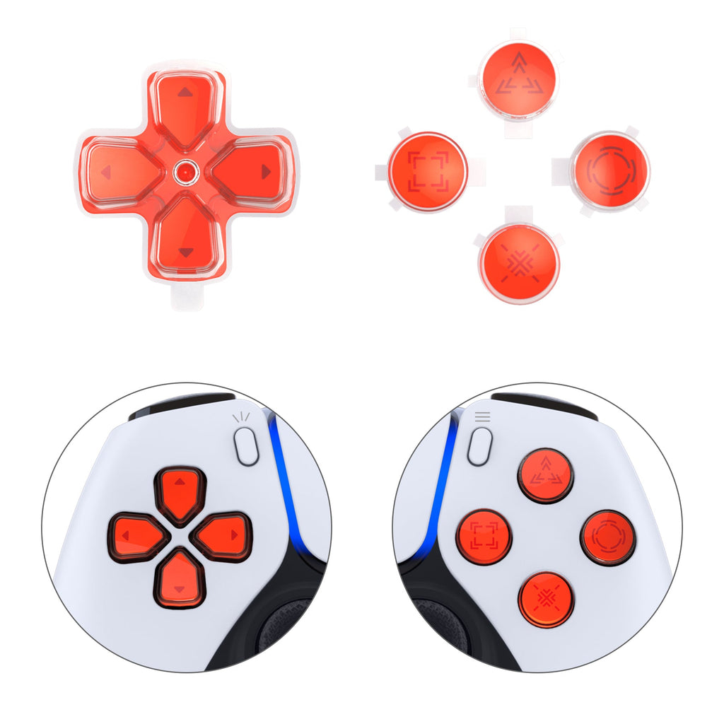 eXtremeRate Replacement Custom Three-Tone Dpad Action Buttons with Redesigned Symbols for PS5 Controller - Orange & Clear & Red eXtremeRate