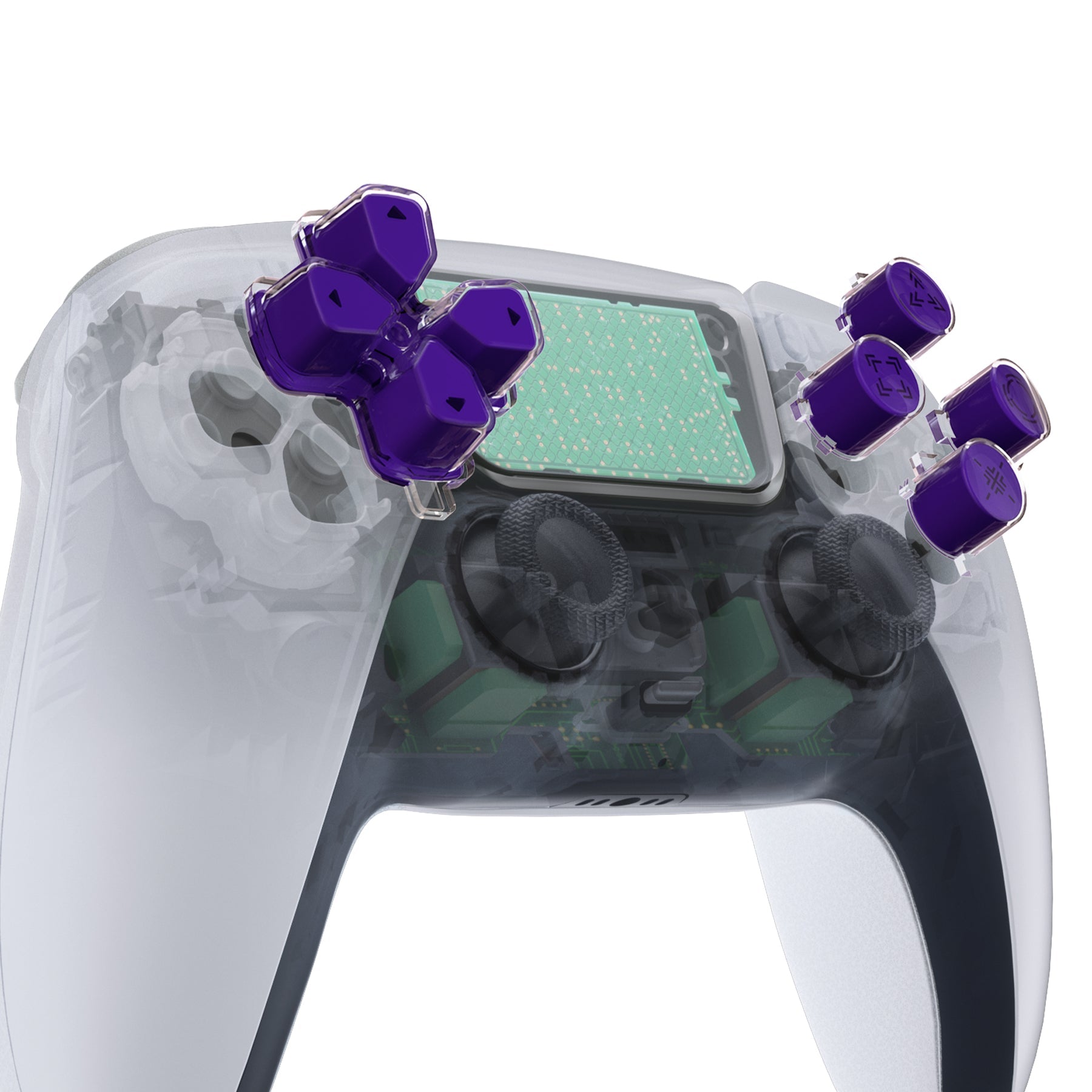 eXtremeRate Replacement Custom Three-Tone Dpad Action Buttons with Redesigned Symbols for PS5 Controller - Purple & Clear & Black eXtremeRate