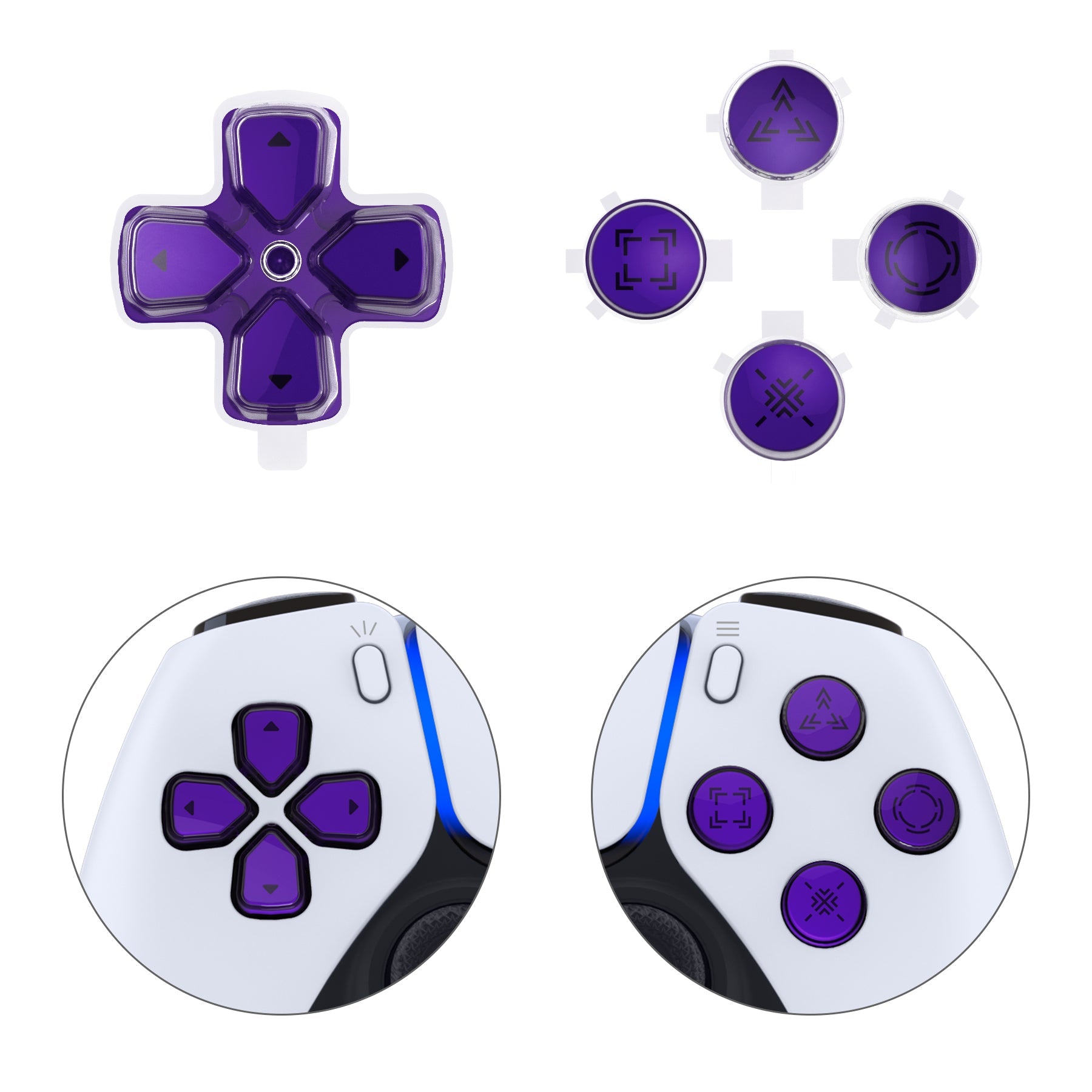 eXtremeRate Replacement Custom Three-Tone Dpad Action Buttons with Redesigned Symbols for PS5 Controller - Purple & Clear & Black eXtremeRate