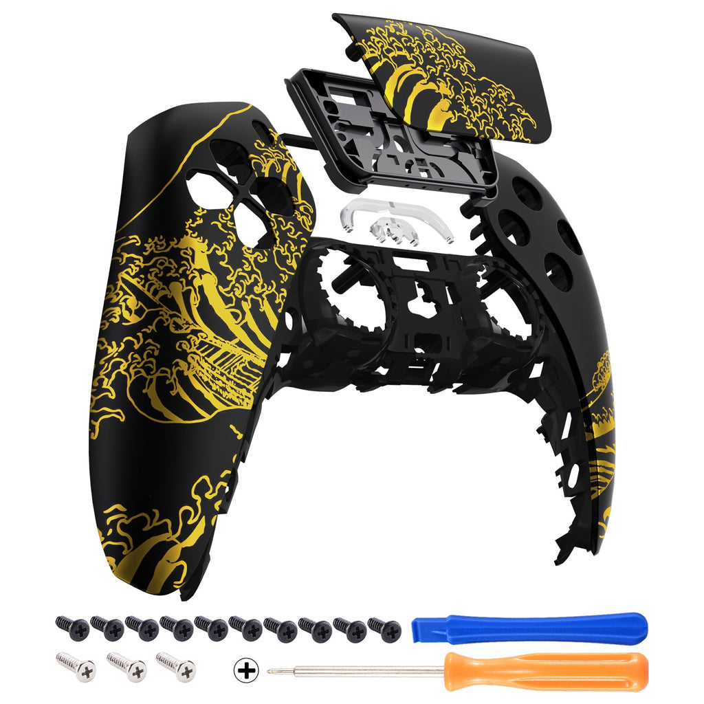 eXtremeRate Replacement Front Housing Shell with Touchpad Compatible with PS5 Controller BDM-010/020/030/040/050/060 - The Great GOLDEN Wave Off Kanagawa - Black eXtremeRate
