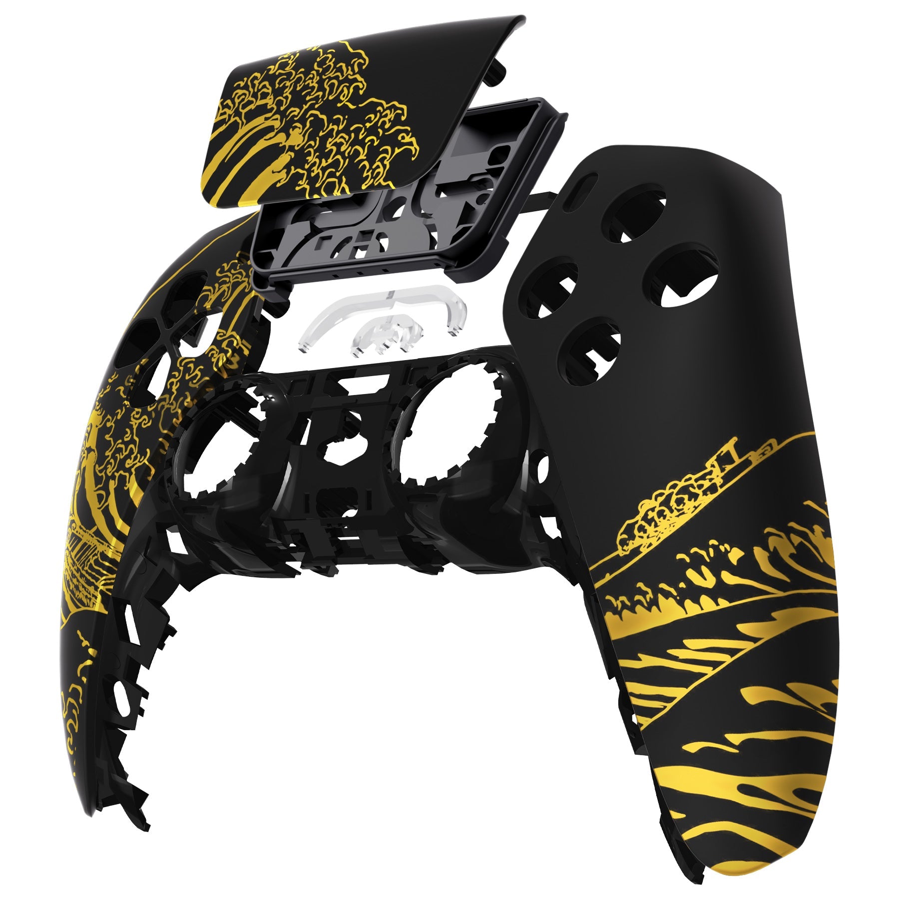 eXtremeRate Replacement Front Housing Shell with Touchpad Compatible with PS5 Controller BDM-010/020/030/040/050/060 - The Great GOLDEN Wave Off Kanagawa - Black eXtremeRate