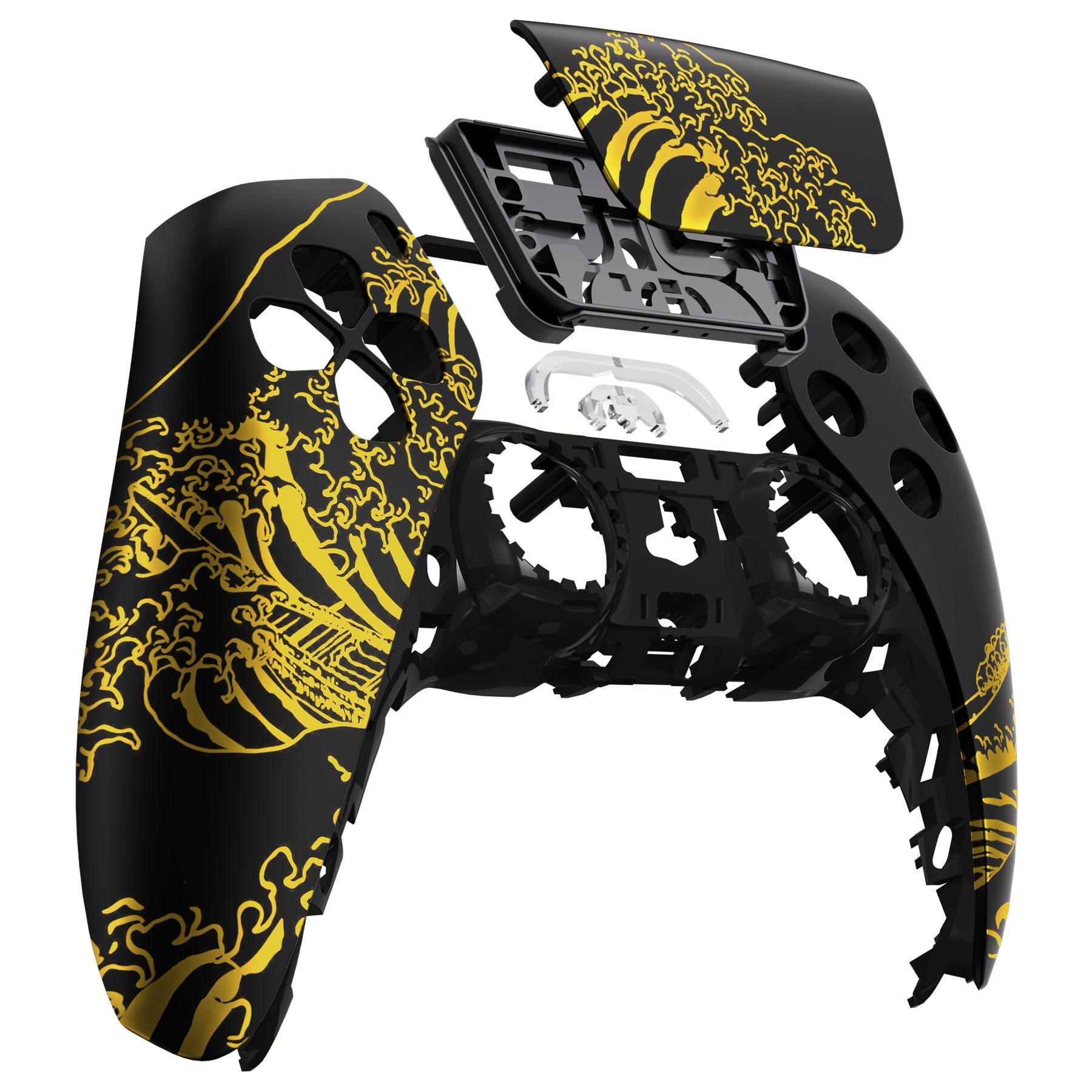 eXtremeRate Replacement Front Housing Shell with Touchpad Compatible with PS5 Controller BDM-010/020/030/040/050/060 - The Great GOLDEN Wave Off Kanagawa - Black eXtremeRate