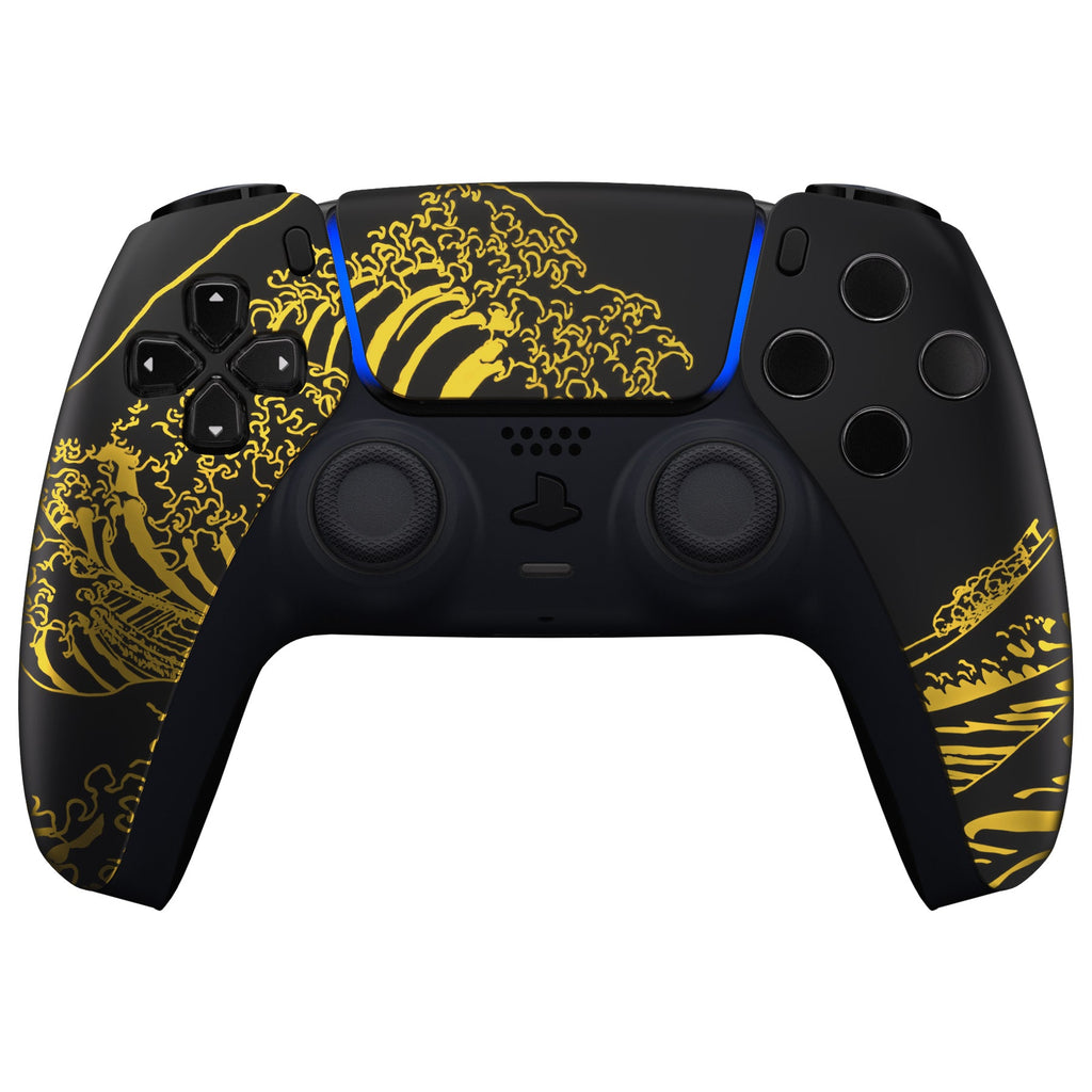 eXtremeRate Replacement Front Housing Shell with Touchpad Compatible with PS5 Controller BDM-010/020/030/040/050/060 - The Great GOLDEN Wave Off Kanagawa - Black eXtremeRate