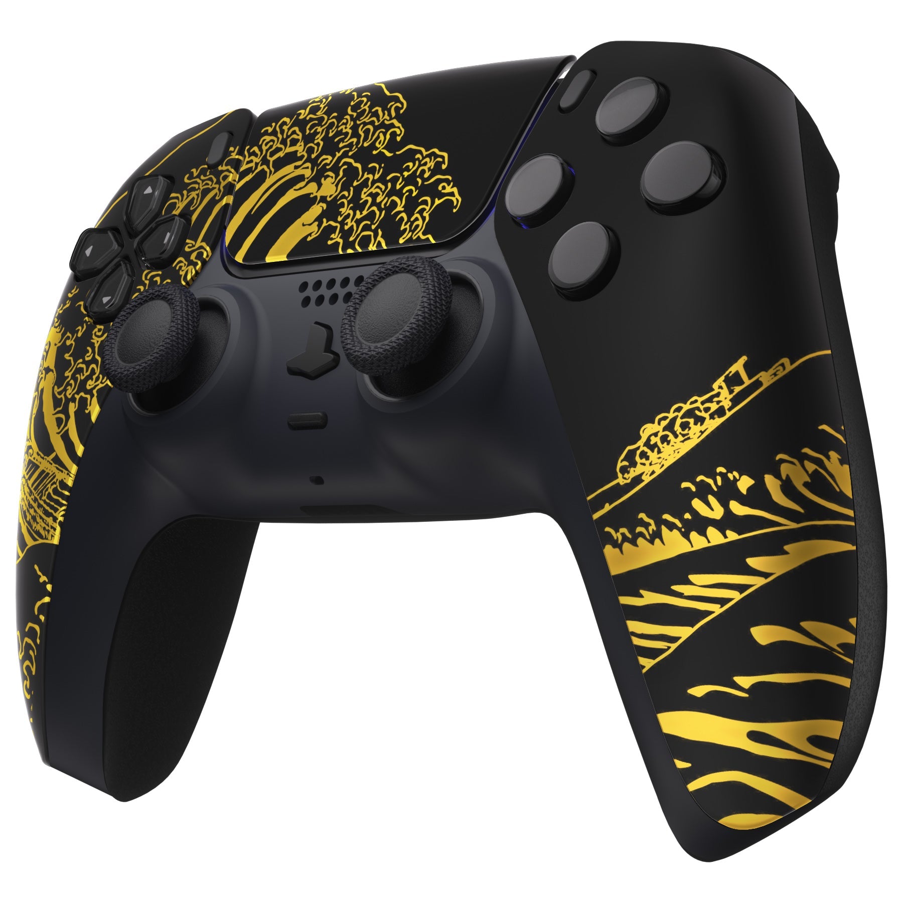 eXtremeRate Replacement Front Housing Shell with Touchpad Compatible with PS5 Controller BDM-010/020/030/040/050/060 - The Great GOLDEN Wave Off Kanagawa - Black eXtremeRate