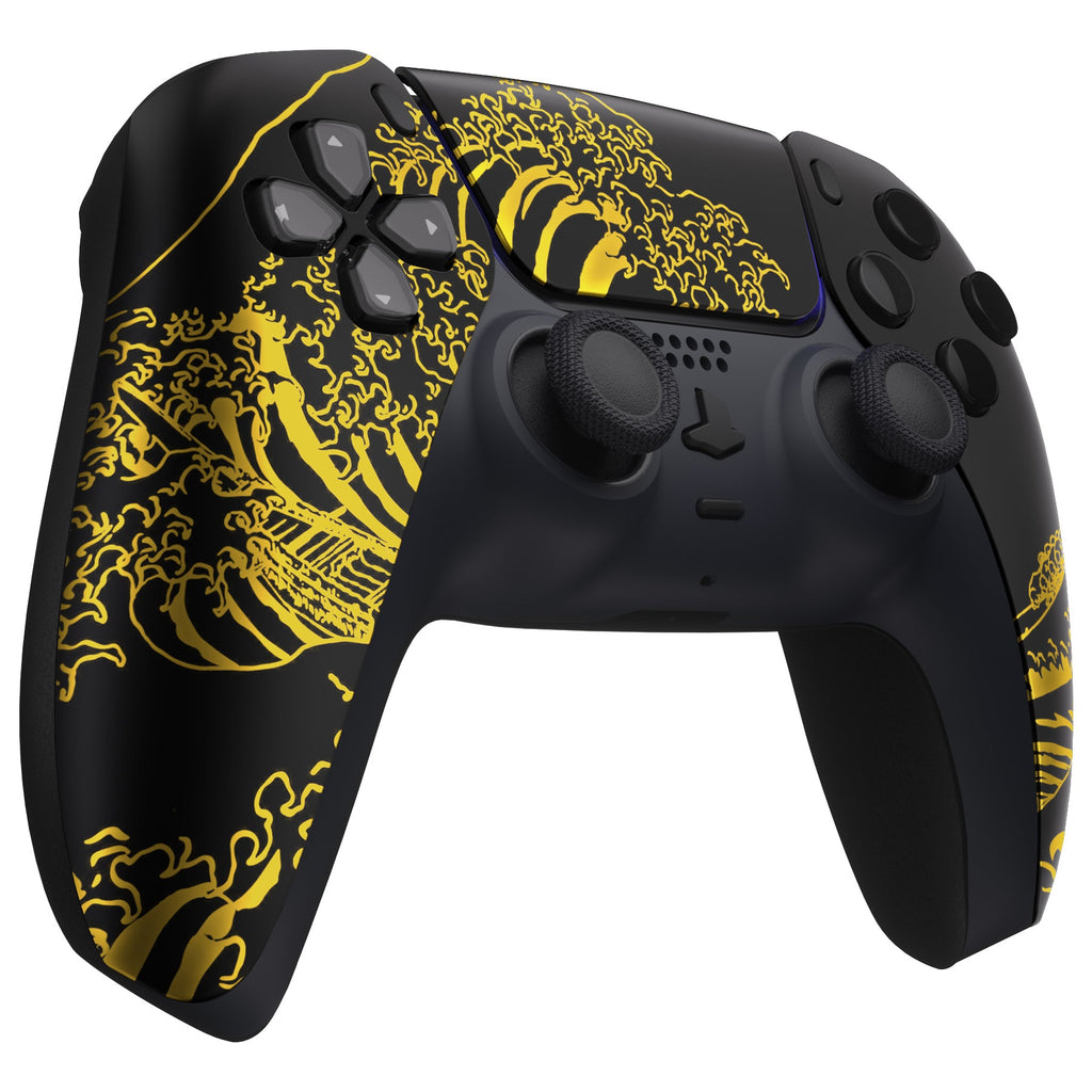 eXtremeRate Replacement Front Housing Shell with Touchpad Compatible with PS5 Controller BDM-010/020/030/040/050/060 - The Great GOLDEN Wave Off Kanagawa - Black eXtremeRate