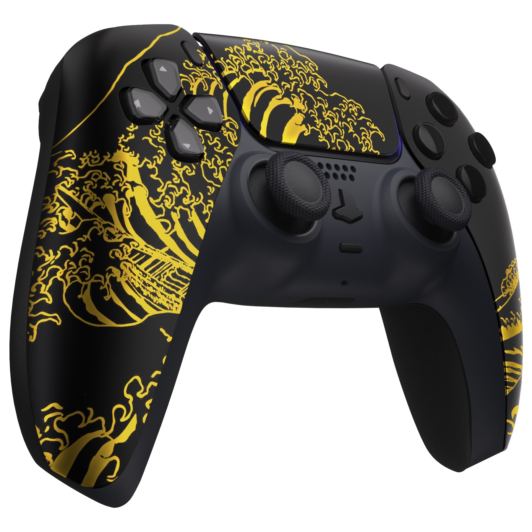 eXtremeRate Replacement Front Housing Shell with Touchpad Compatible with PS5 Controller BDM-010/020/030/040/050/060 - The Great GOLDEN Wave Off Kanagawa - Black eXtremeRate