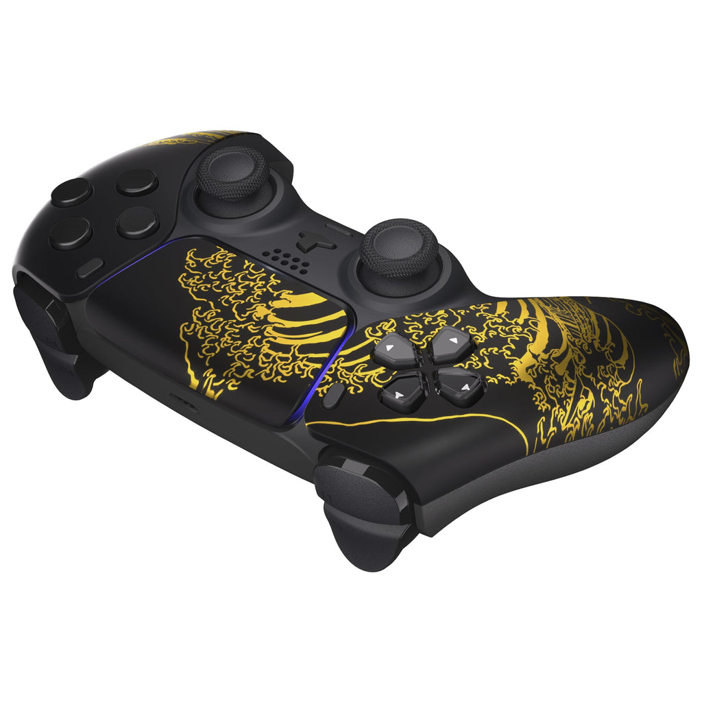 eXtremeRate Replacement Front Housing Shell with Touchpad Compatible with PS5 Controller BDM-010/020/030/040/050/060 - The Great GOLDEN Wave Off Kanagawa - Black eXtremeRate