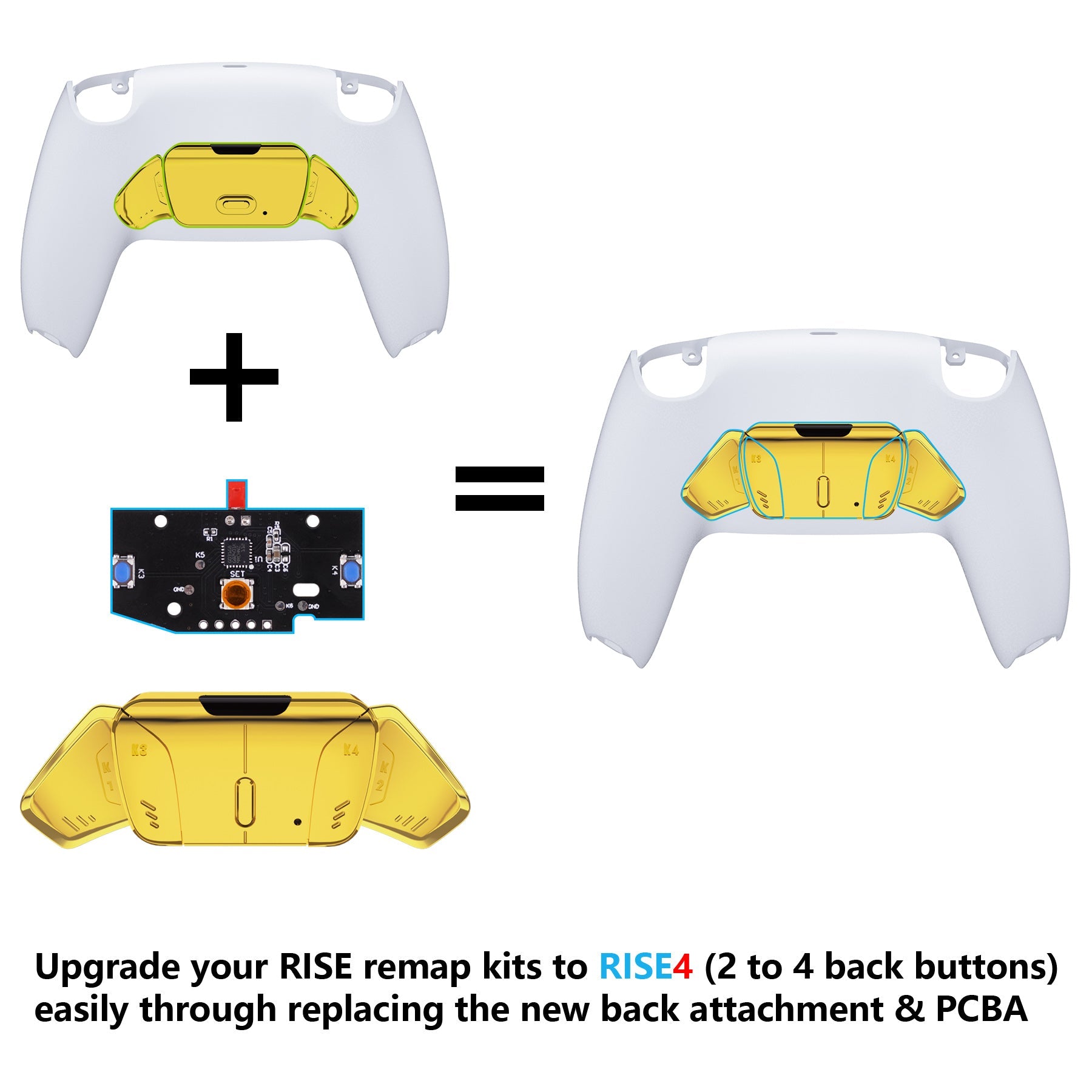 eXtremeRate Turn RISE to RISE4 Kit – Redesigned K1 K2 K3 K4 Back Buttons Housing & Remap PCB Board for eXtremeRate RISE & RISE4 Remap kit, Compatible with PS5 Controller - Chrome Gold eXtremeRate
