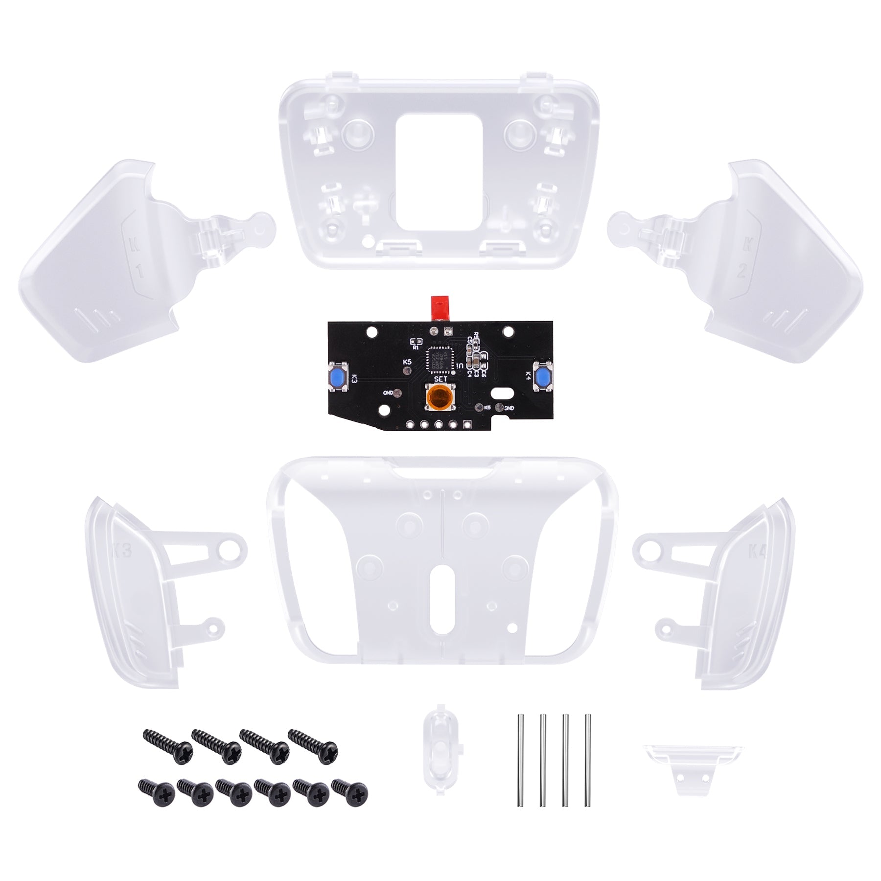 eXtremeRate Turn RISE to RISE4 Kit – Redesigned K1 K2 K3 K4 Back Buttons Housing & Remap PCB Board for eXtremeRate RISE & RISE4 Remap kit, Compatible with PS5 Controller - Transparent Clear eXtremeRate