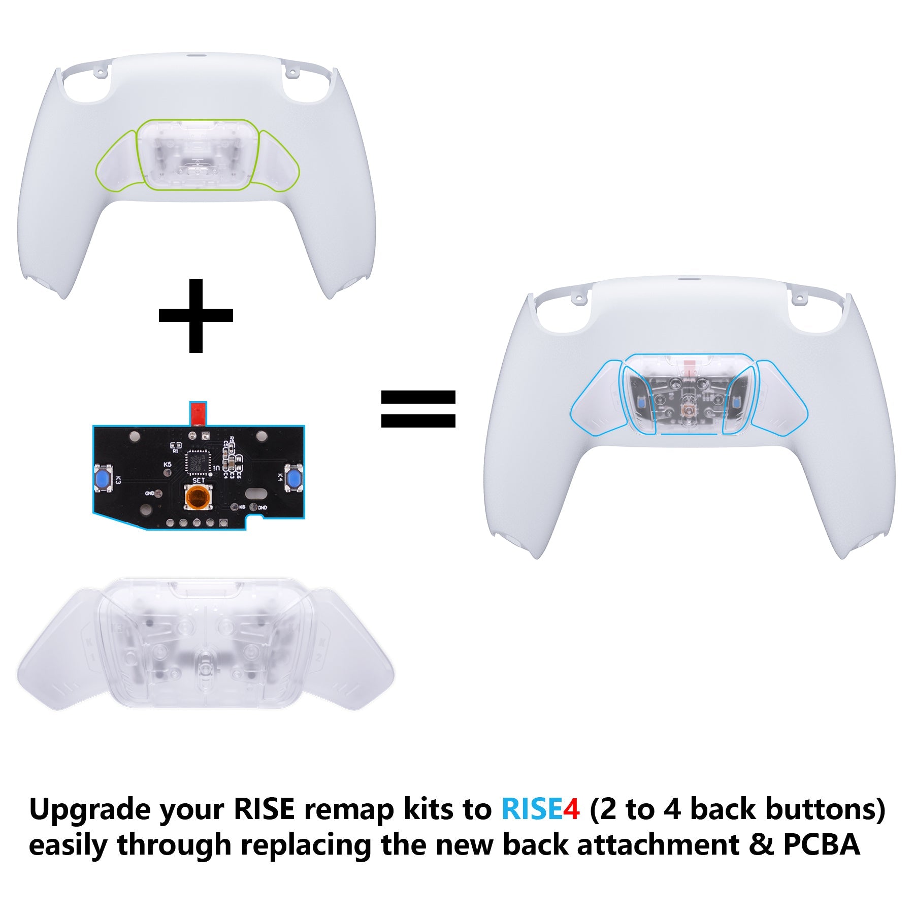 eXtremeRate Turn RISE to RISE4 Kit – Redesigned K1 K2 K3 K4 Back Buttons Housing & Remap PCB Board for eXtremeRate RISE & RISE4 Remap kit, Compatible with PS5 Controller - Transparent Clear eXtremeRate