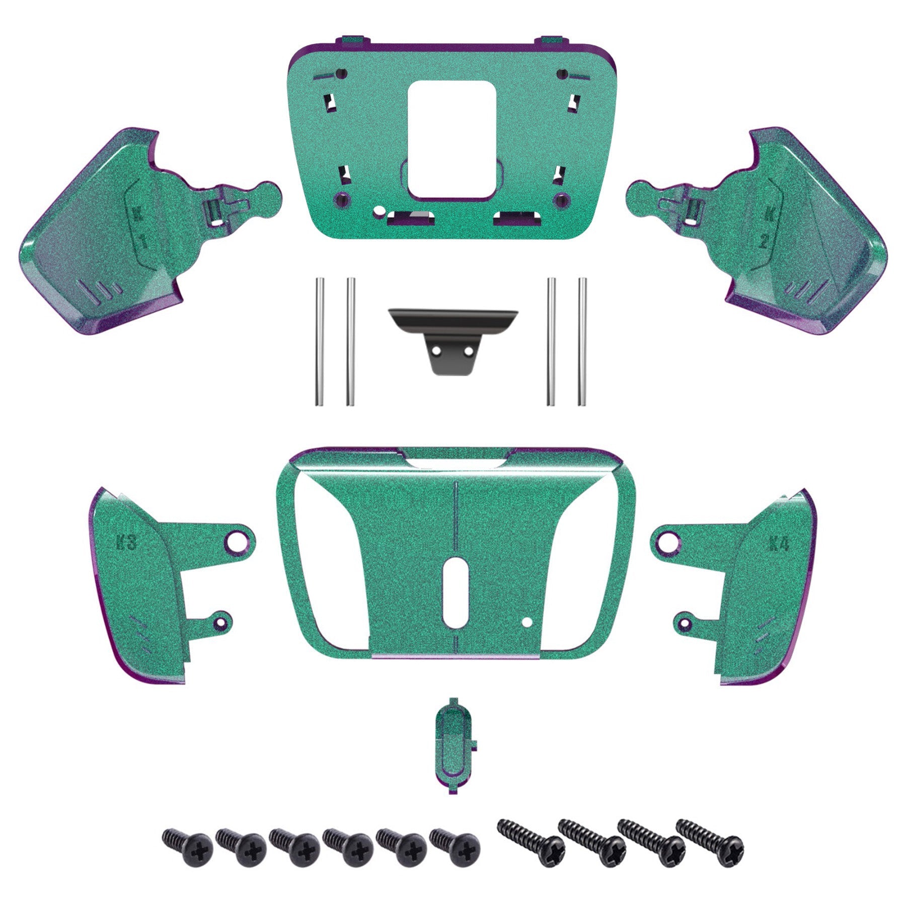eXtremeRate Replacement Redesigned K1 K2 K3 K4 Back Buttons Housing Shell for eXtremeRate RISE4 Remap Kit, Compatible with PS5 Controller - Chameleon Green Purple eXtremeRate