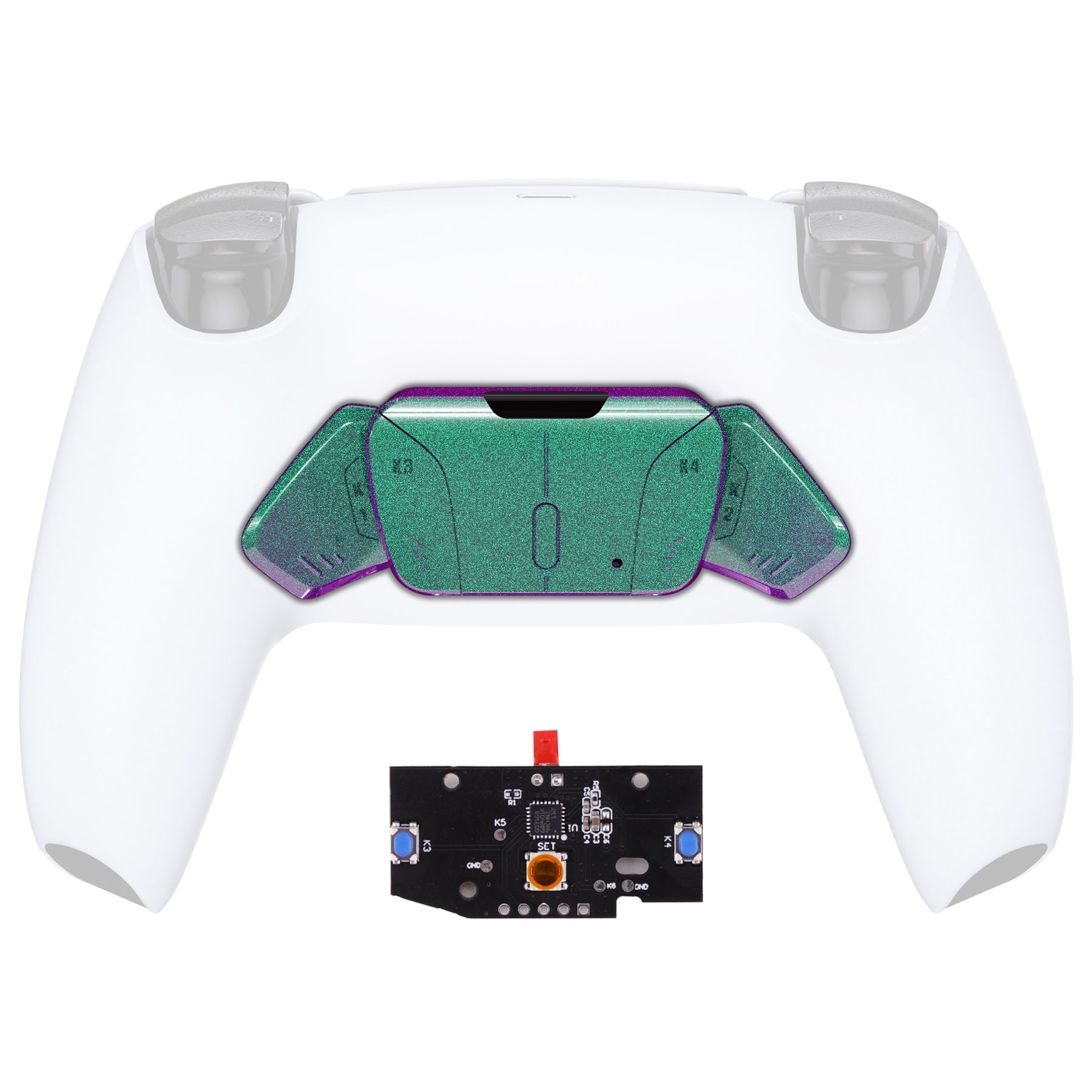 eXtremeRate Turn RISE to RISE4 Kit – Redesigned K1 K2 K3 K4 Back Buttons Housing & Remap PCB Board for eXtremeRate RISE & RISE4 Remap kit, Compatible with PS5 Controller - Chameleon Green Purple eXtremeRate