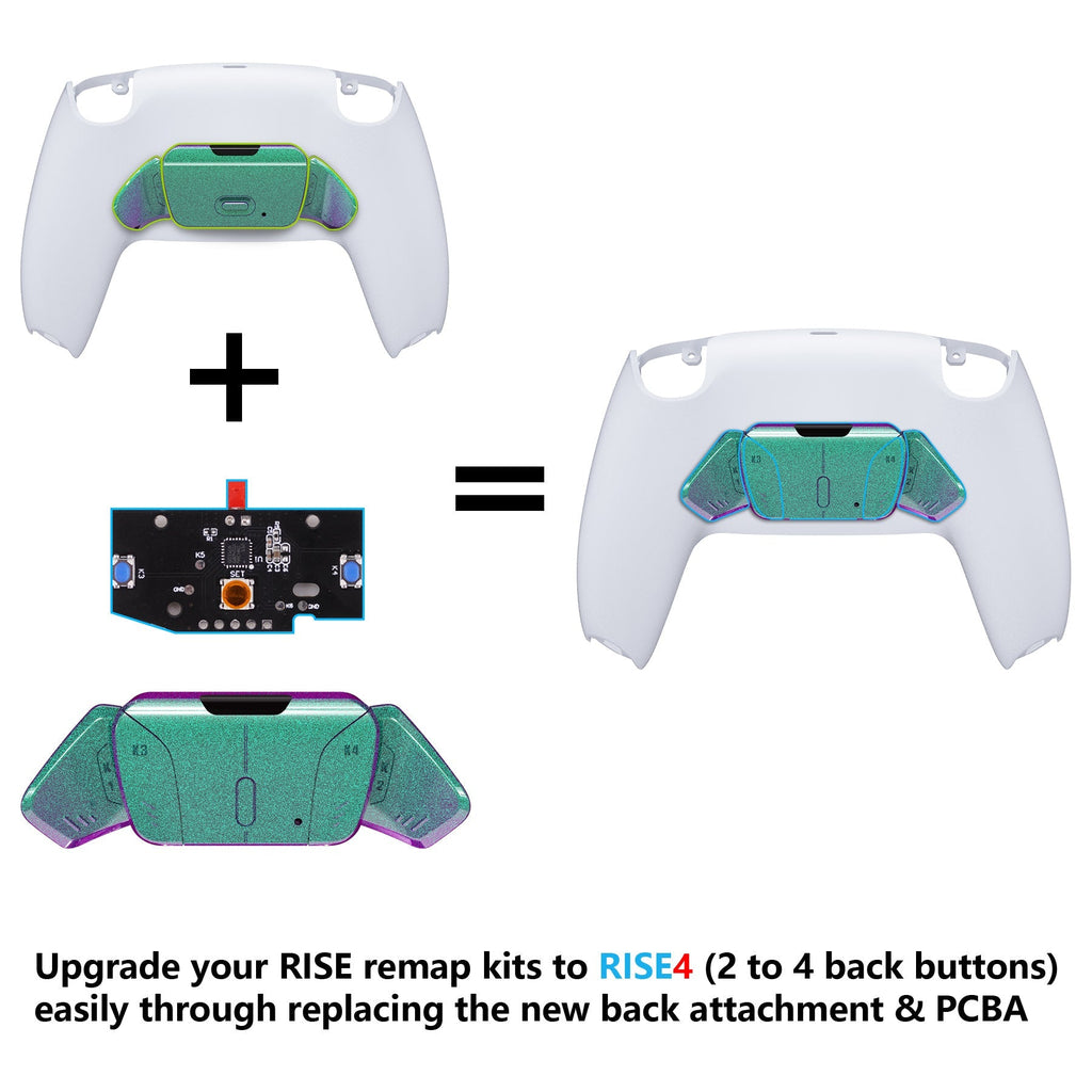 eXtremeRate Turn RISE to RISE4 Kit – Redesigned K1 K2 K3 K4 Back Buttons Housing & Remap PCB Board for eXtremeRate RISE & RISE4 Remap kit, Compatible with PS5 Controller - Chameleon Green Purple eXtremeRate