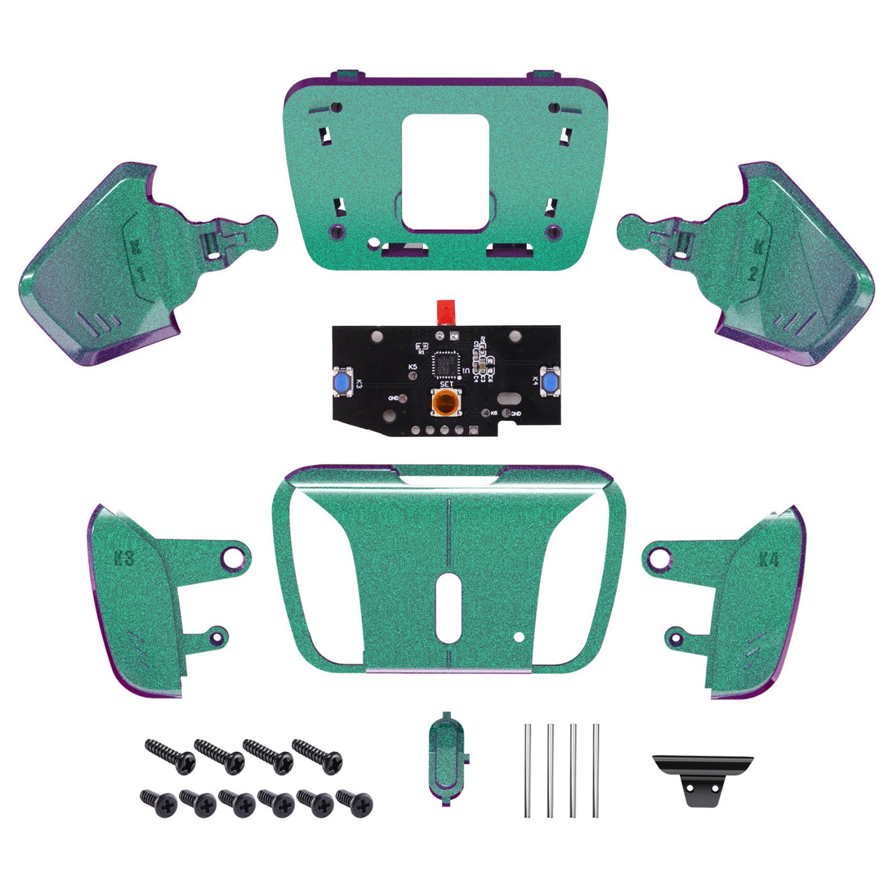 eXtremeRate Turn RISE to RISE4 Kit – Redesigned K1 K2 K3 K4 Back Buttons Housing & Remap PCB Board for eXtremeRate RISE & RISE4 Remap kit, Compatible with PS5 Controller - Chameleon Green Purple eXtremeRate