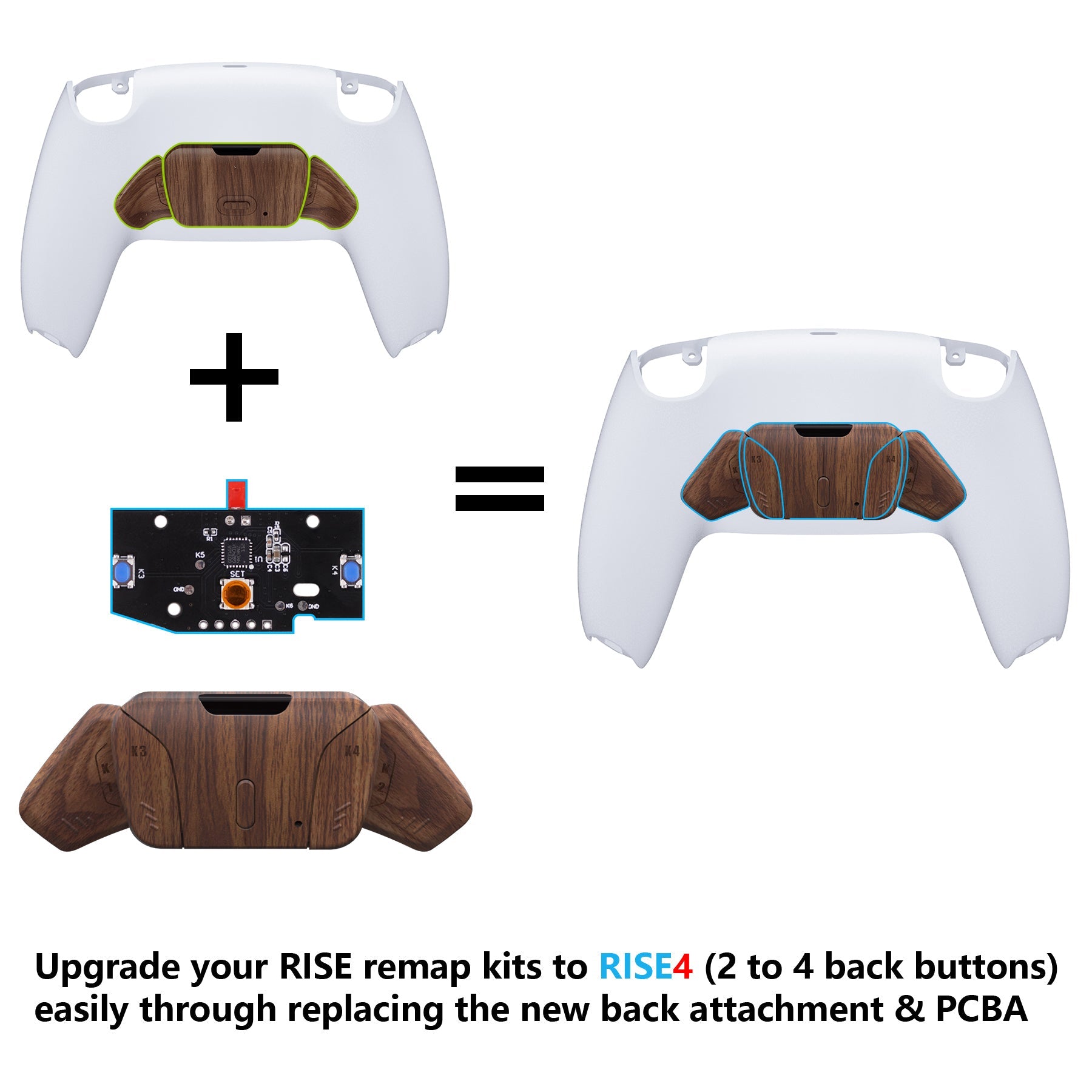eXtremeRate Turn RISE to RISE4 Kit – Redesigned K1 K2 K3 K4 Back Buttons Housing & Remap PCB Board for eXtremeRate RISE & RISE4 Remap kit, Compatible with PS5 Controller - Wood Grain eXtremeRate