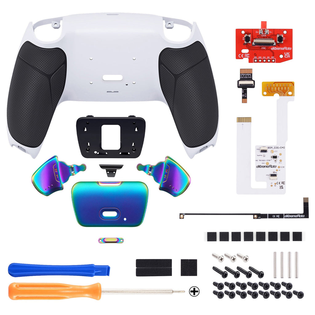 eXtremeRate Rainbow Aura Blue & Purple Real Metal Buttons (RMB) Version RISE V3 Remap Kit for PS5 Controller BDM-030/040/050 - Rubberized White Black eXtremeRate