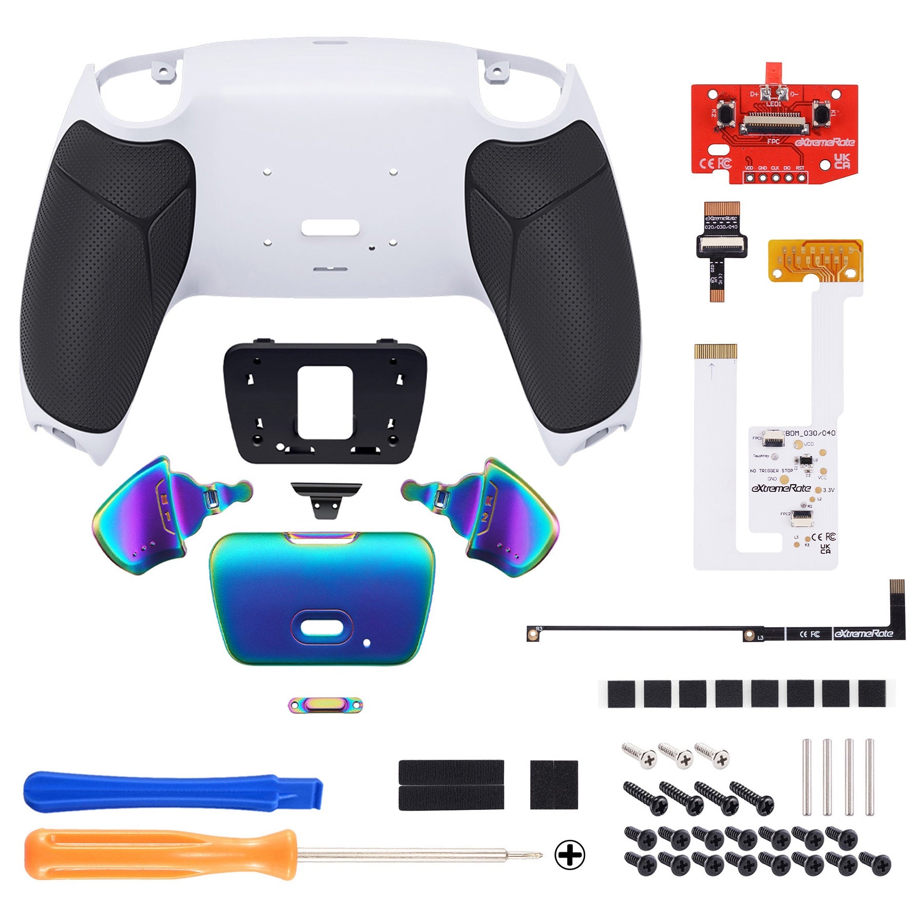 eXtremeRate Rainbow Aura Blue & Purple Real Metal Buttons (RMB) Version RISE V3 Remap Kit for PS5 Controller BDM-030/040/050 - Rubberized White Black eXtremeRate