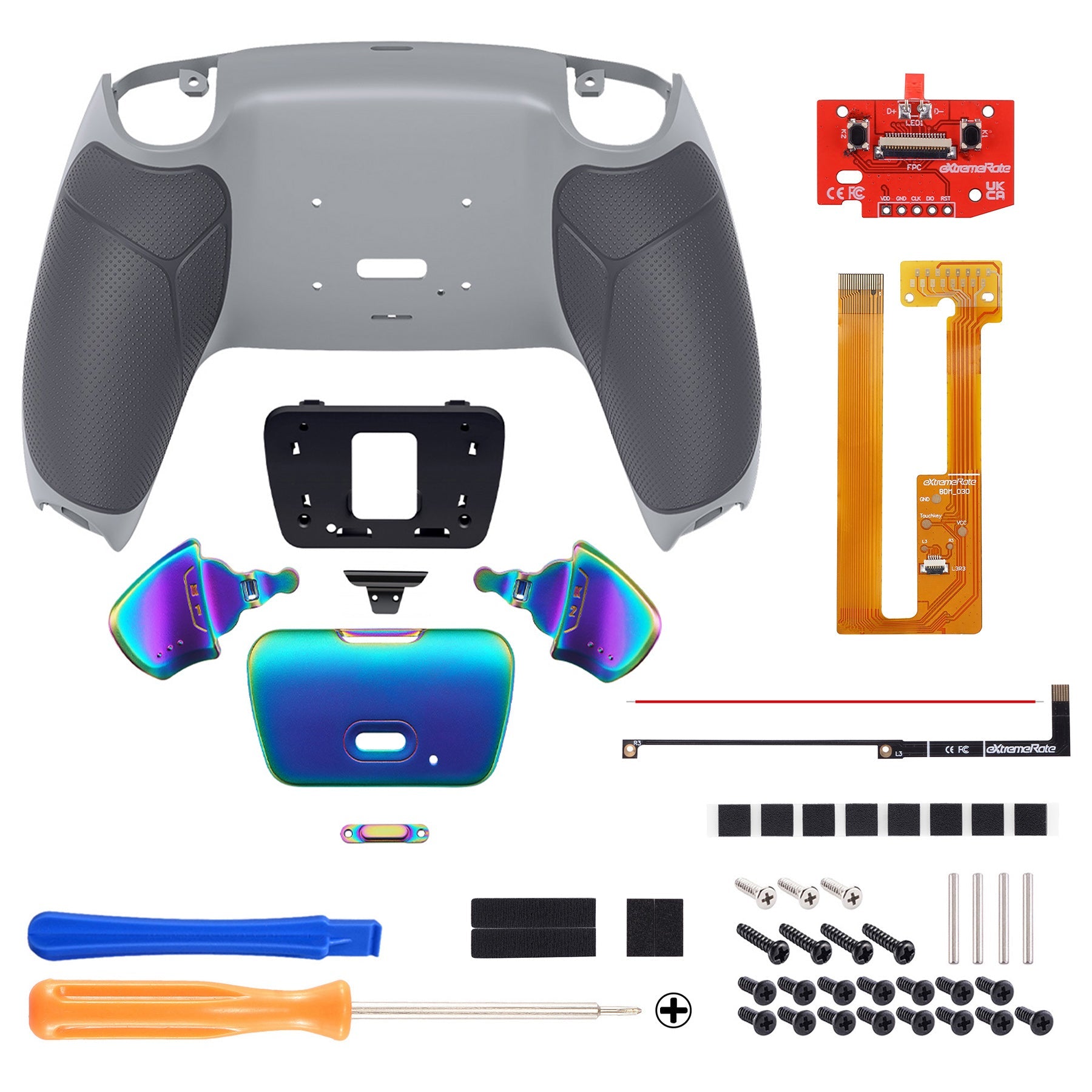 eXtremeRate Rainbow Aura Blue & Purple Real Metal Buttons (RMB) Version RISE Remap Kit for PS5 Controller BDM-030/040/050 - Rubberized New Hope Gray & Classic Gray eXtremeRate