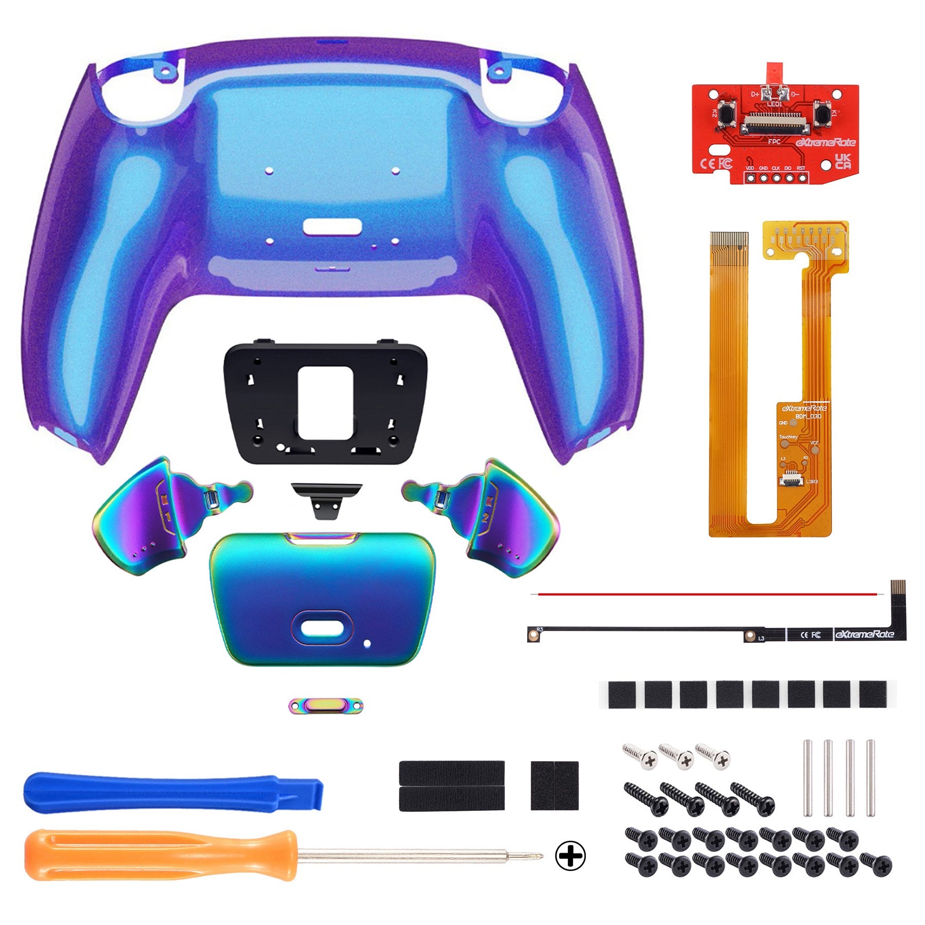 eXtremeRate Rainbow Aura Blue & Purple Real Metal Buttons (RMB) Version RISE Remap Kit for PS5 Controller BDM-030/040/050 - Chameleon Purple Blue eXtremeRate